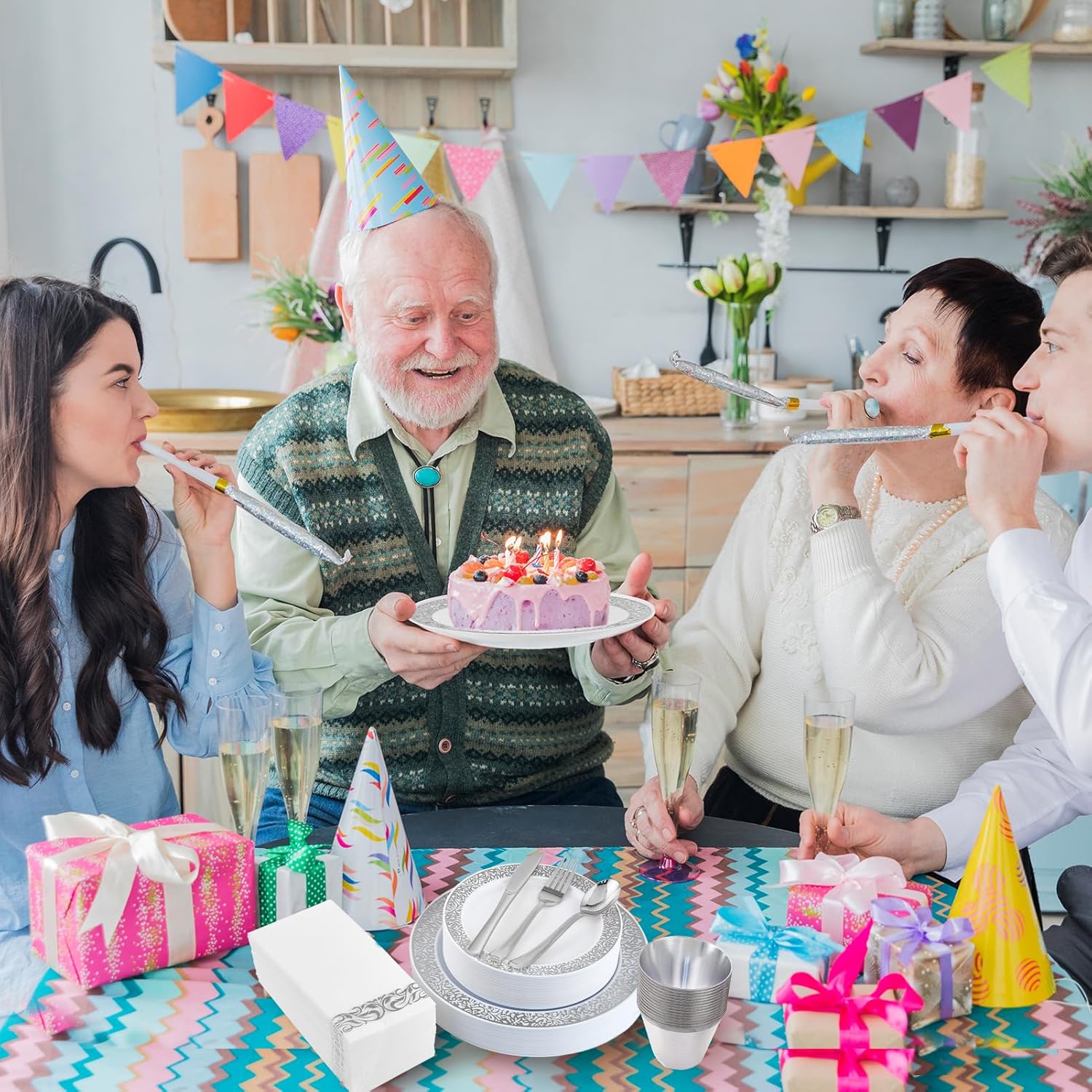 𝟐𝟏𝟎 Count Silver Plastic Dinnerware, Silver Disposable Plates, Includes 30 Dinner & 30 Dessert Plates & 30 Cups & 30 Paper Napkins & 30 Plastic Silverware Set - Image 8