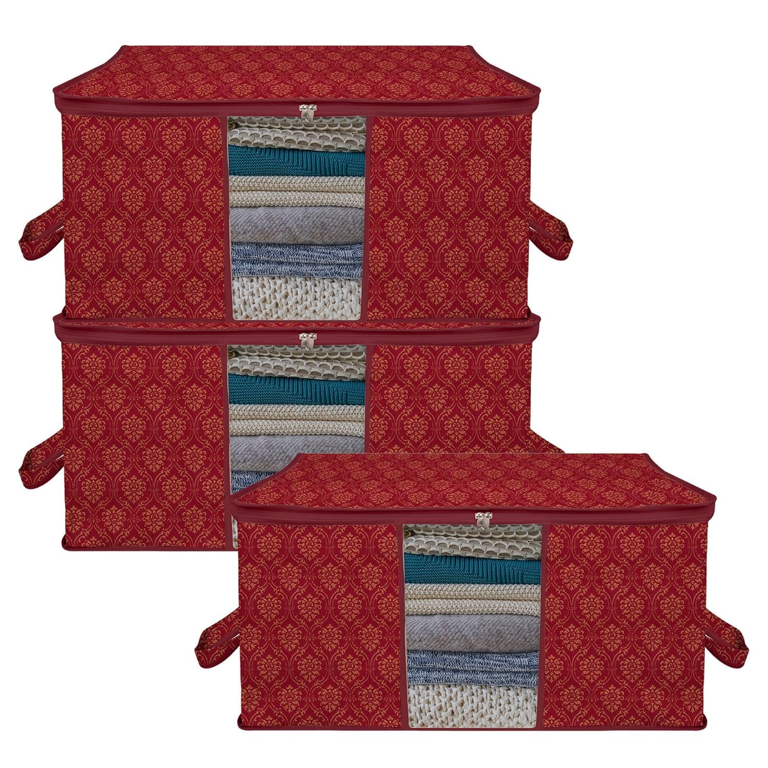Amazon Brand - Solimo Non-Woven Underbed Storage Bag | Clothes Storage Organizer | Clear Window Blanket Cover | Cloth Organizer With Handle | Golden Printed-Design | Large (Maroon, Pack Of 3)-image-5