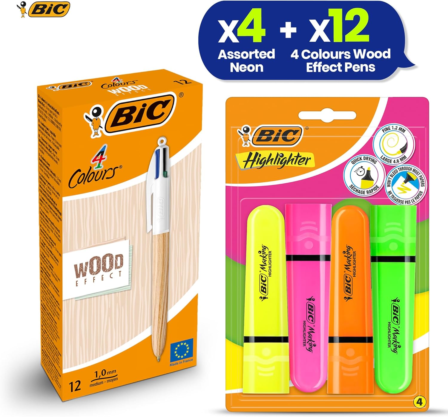 BIC 4 Colour Wood Effect Pens 12 Pack and Bic Marking Highlighter Flat Markers Neon 4 Pack Multi Ink Pens with Retractable Ballpoint and Quick Dry Ink Highlighters for Office School or Home
