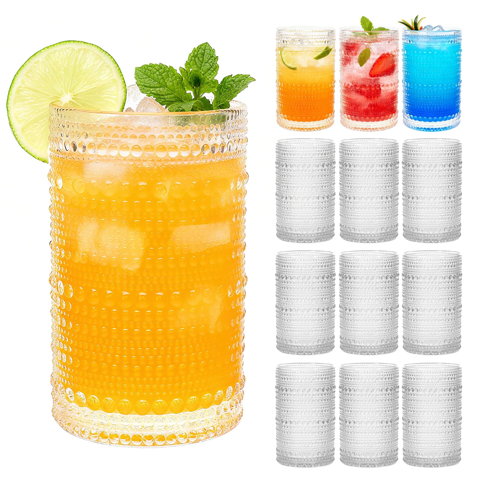 Mapoxy Hobnail Drinking Glasses Set of 12 12 Oz Highball Glasses Clear Embossed Water Glass Cups for Beer