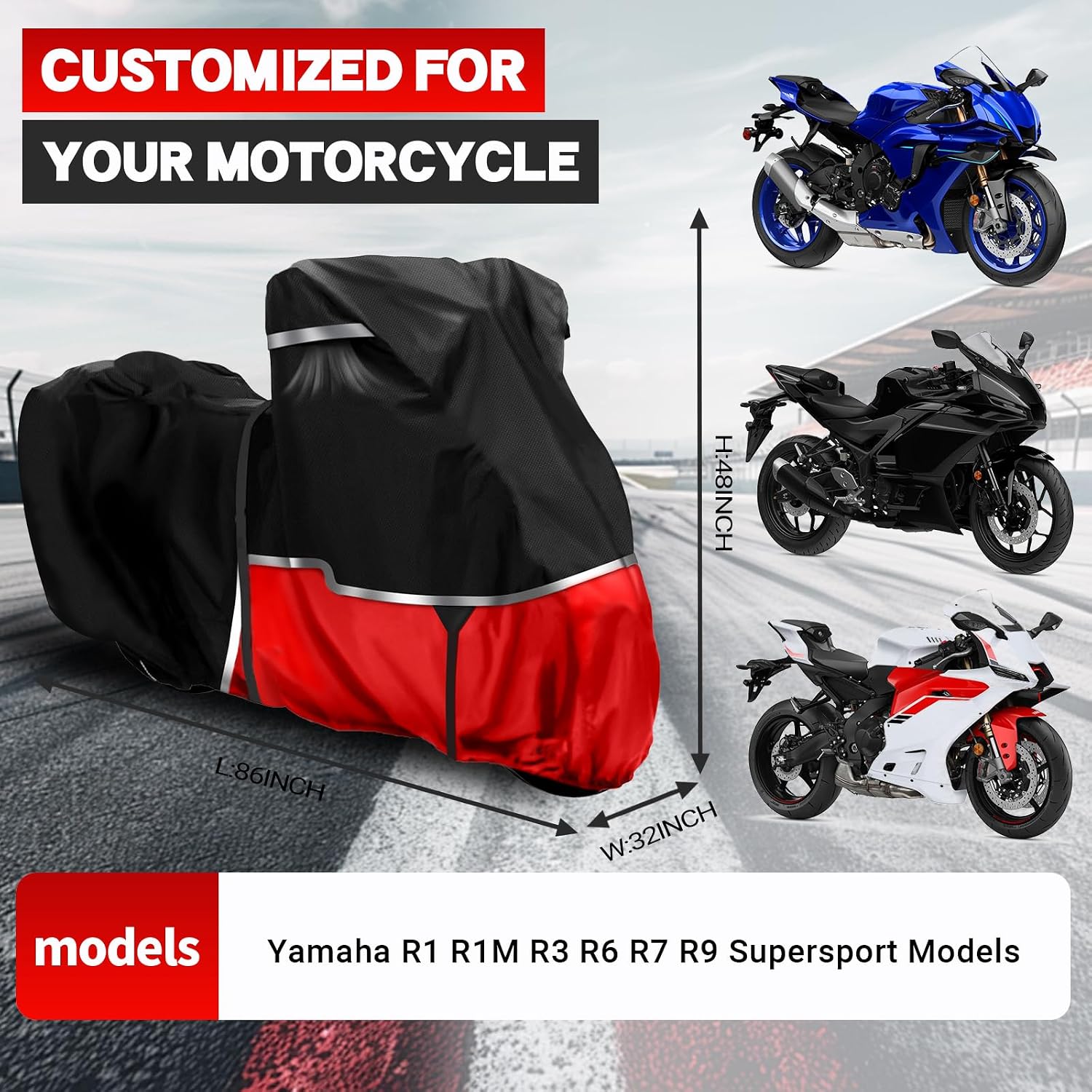 Motorcycle Cover for Yamaha R1 R3 R6 R7 R9 Supersport, Heavy Duty Waterproof Motorcycle Cover for All-Weather Outdoor Storage, 420D Oxford Fabric Rain Snow UV Dust Protection