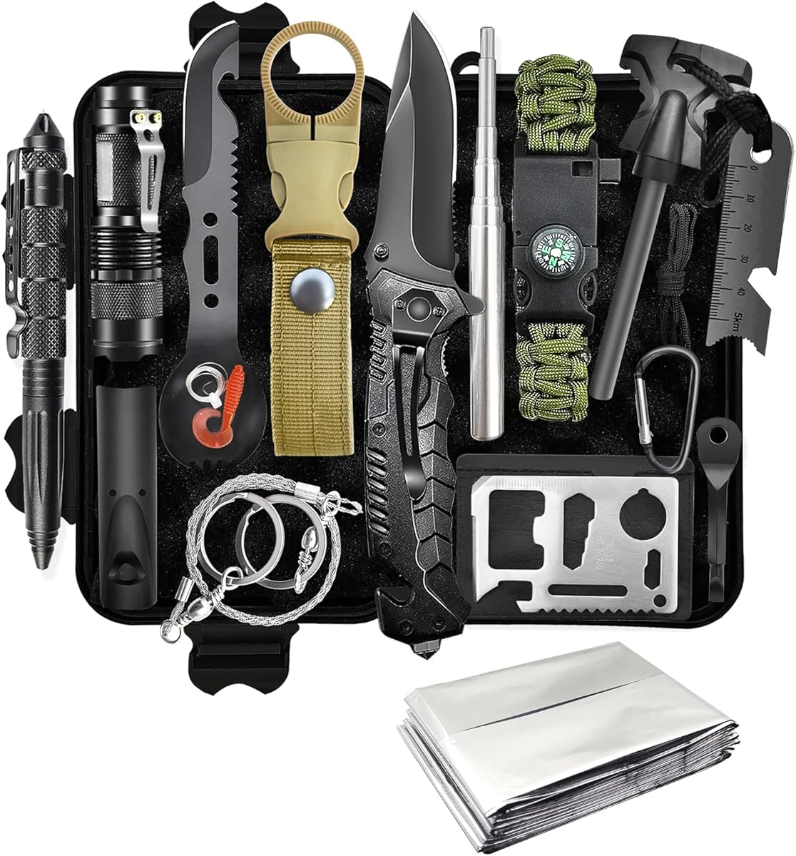 Survival Kit 13 in 1, Professionelles Notfall Survival Kit mit Klappmesser, Taschenlampe, Survival Ausrüstung für Outdoor Camping, Abenteuer, Wandern, Jagen, Angeln, Männer, Väter