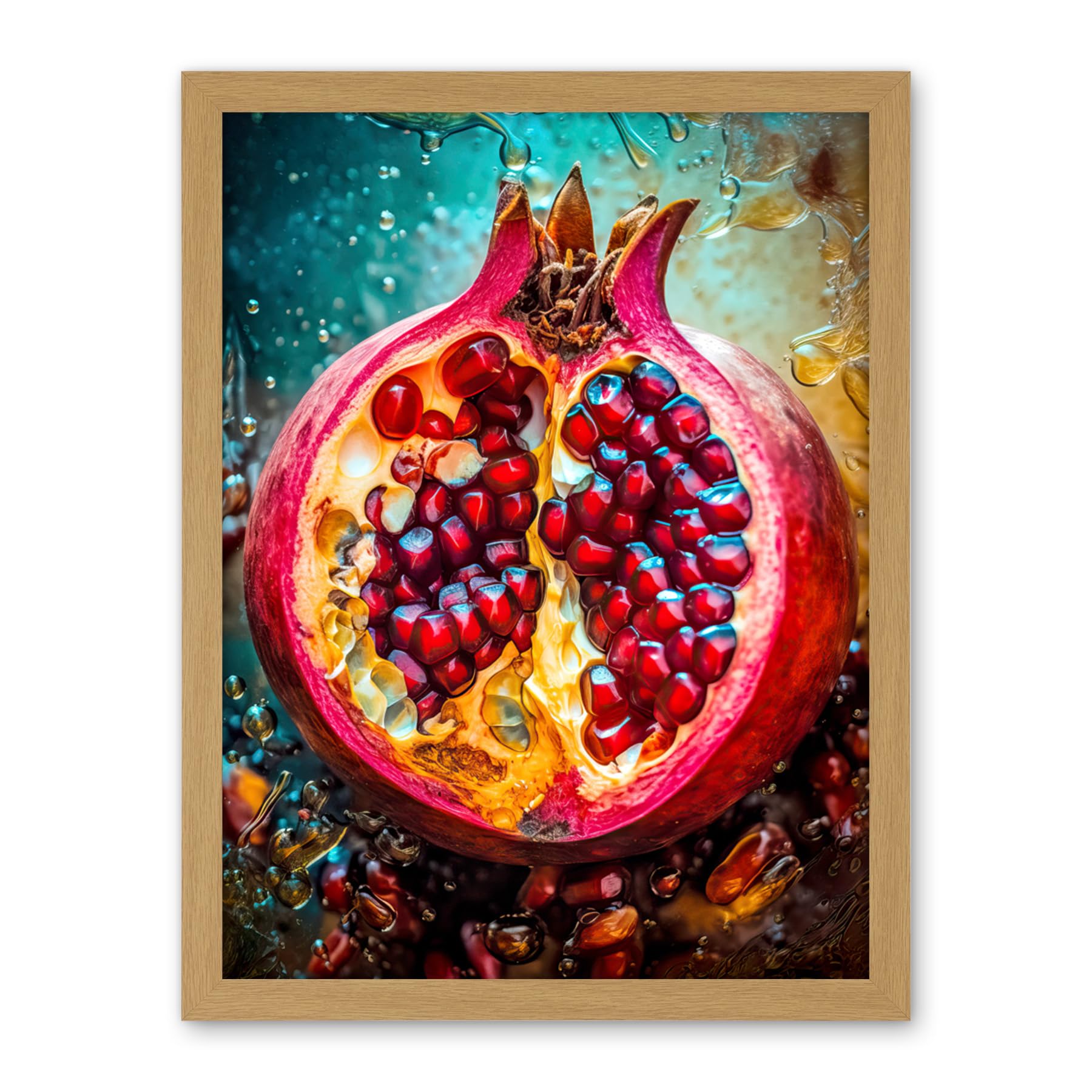 Artery8 Sliced Pomegranate Fruit Photorealistic Painting Artwork Framed Wall Art Print 18X24 Inch