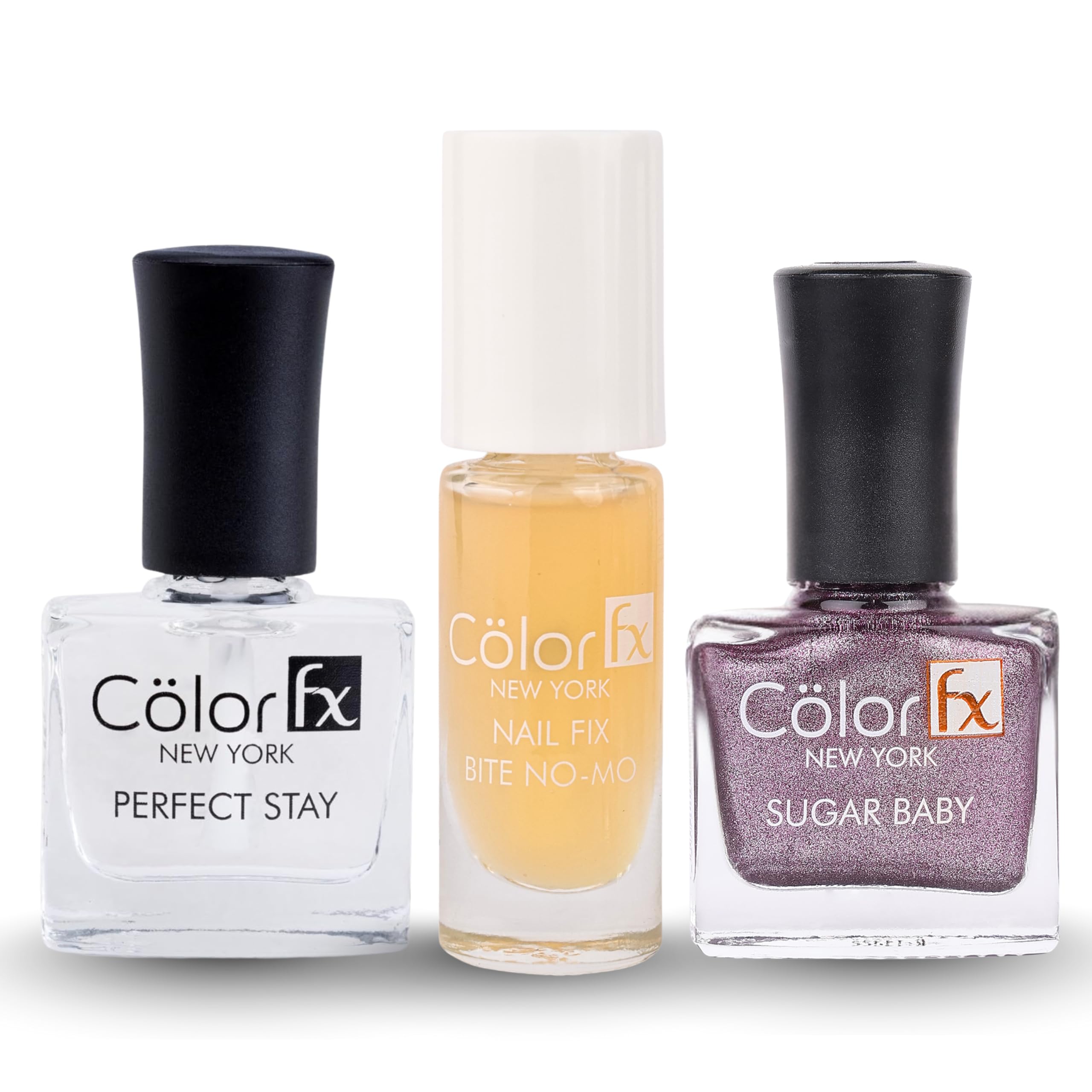 Color Fx 3-in-1 Nail Care Combo — Anti Nail Biting Polish 6mL (Vegan Nail Strengthener with Vitamin E, Biotin, AHA, Keratin Repair) + Non-UV Transparent Top Coat 9mL (Gel-Like High Gloss, Chip-Resistant, Quick Dry) + Sugar Baby Metallic High-Shine Nail Polish for Women,Velvet Nightfall — Long-Wear Salon Finish