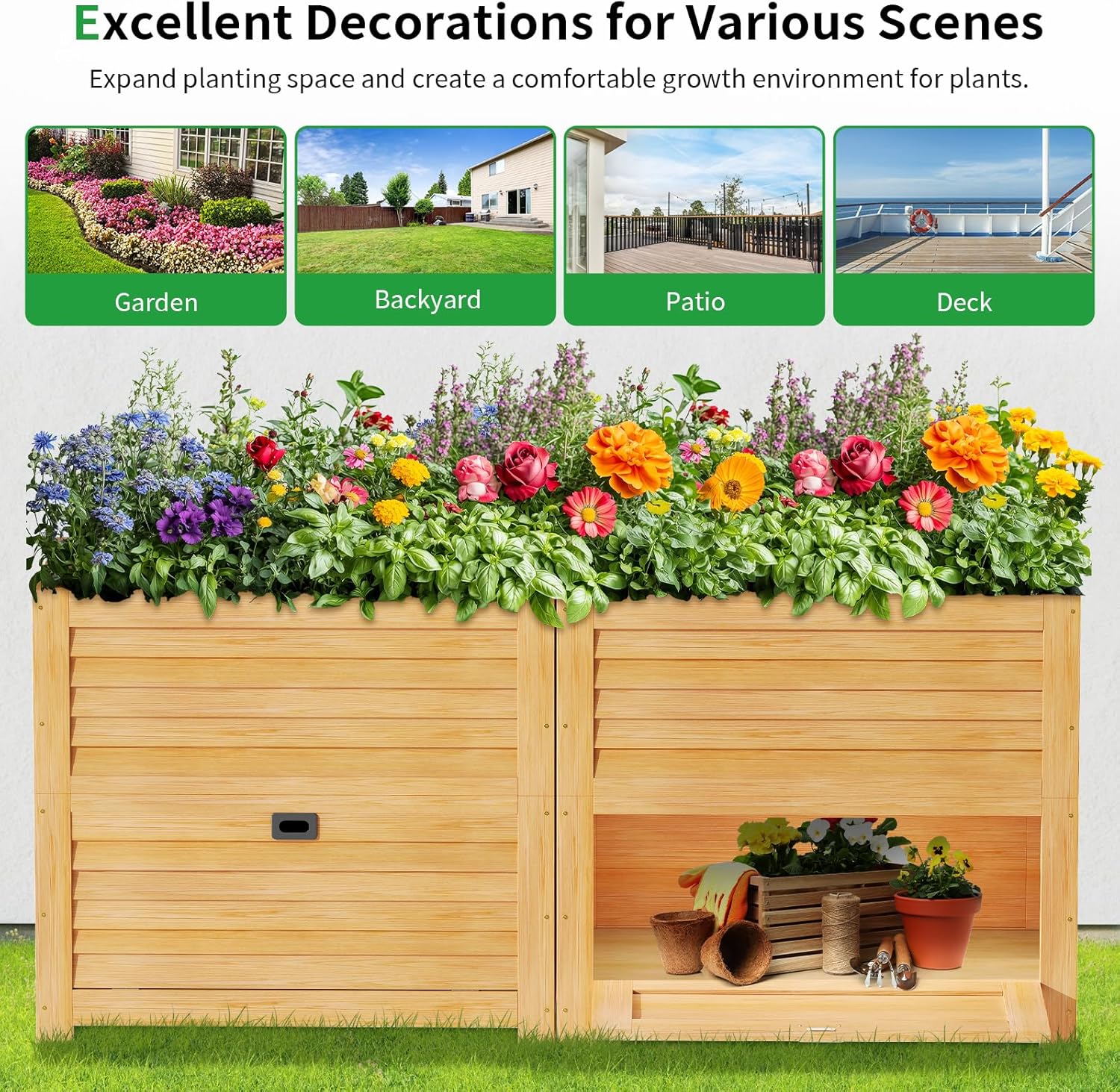 SUNYRISY Wooden Raised Garden Bed with Storage Box, 34" L x 18" W x 30" H Elevated Large Planter Box for Planting Herb Vegetable Flower Outdoor Indoor, Wood