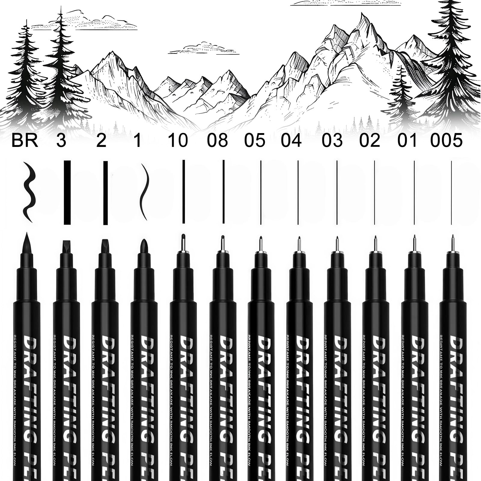 Peaflew Black Fineliner Pens, 12 Pack Technical Professional Drawing Pens for Artists, Waterproof Quick-Drying Micron Pens for Sketching Outlining Detailing