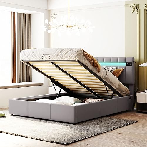 Miniatura 1 de Base de cama tapizada tamaño Queen con almacenamiento de elevación cama de terciopelo LED RGB con puertos USB cama de plataforma inteligente con