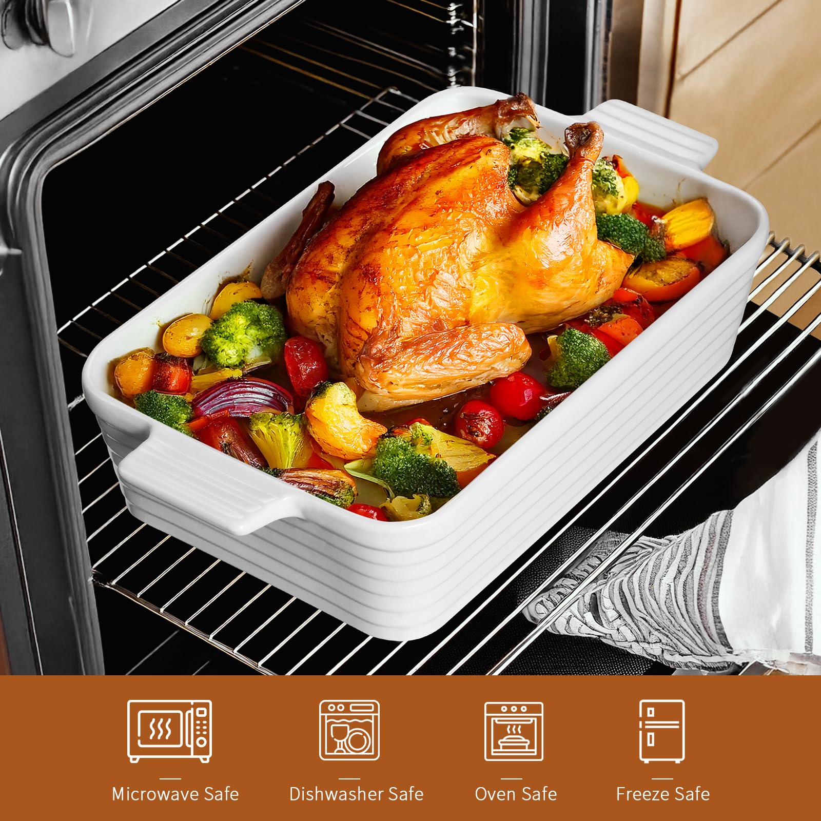 Jassceram Pirofila da forno da 5 l, in porcellana, 40 x 23,5 x 8 cm | Teglia rettangolare profonda con manici, per lasagne, arrostire, forno e lavastoviglie, grande regalo da cucina, bianco