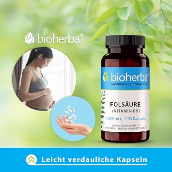 Folic Acid Capsules - Pack of 100 with 1000 μg Vitamin B9 to Support Normal Cell Division by BIOHERBA PZN 19642735