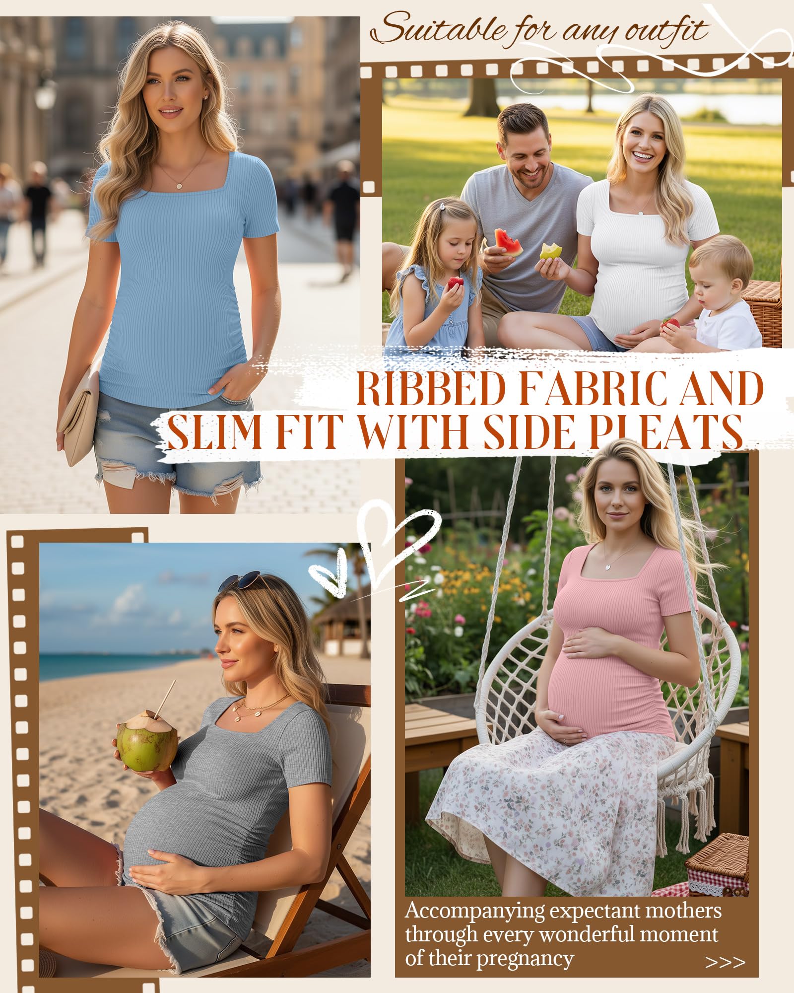 Geyoga Lot de 4 Chemises de Maternité pour Femmes | T-shirt De Maternité À Manches Courtes En Pur Coton Côtelé, Col Carré, IDéal Pour Le Travail Au Quotidien Des Mamans