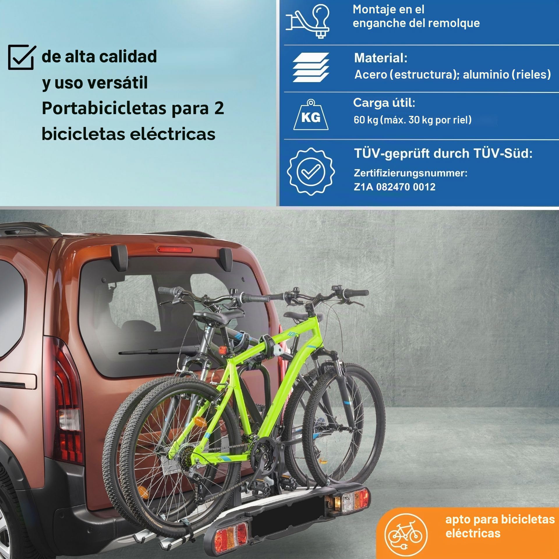 VDP Portabicicletas E-Bike para 2 Bicicletas - Carga de 60 kg - Testado por TÜV
