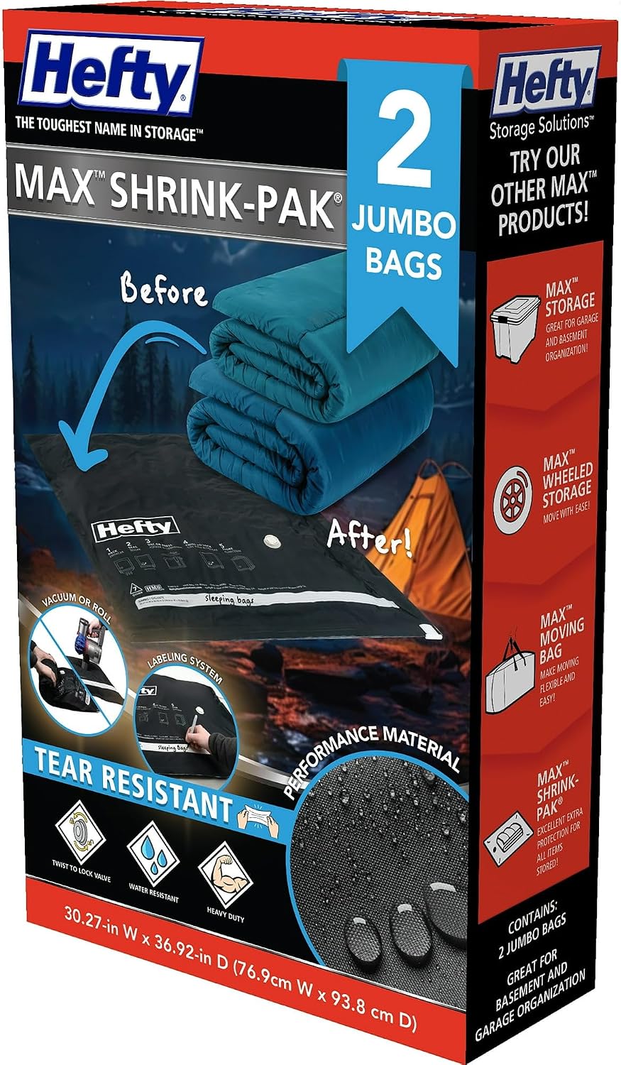 Hefty Max Shrink-Pak 2 Jumbo Vacuum Compression Bags, Closet Garage Organizers, Black, Adults/Tweens