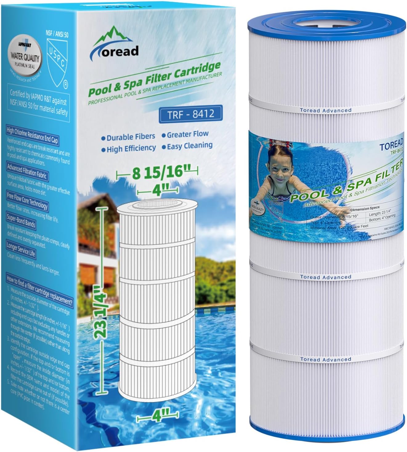 TOREAD Replacement for Pool Filter PA120, Ultra-B2, CX1200RE, C1200, Unicel C-8412, Filbur FC-1293, Waterway Clearwater II, Pro Clean 125, 817-0125N, Aladdin 22002, L x OD:23 1/4"x 8 15/16" (1)