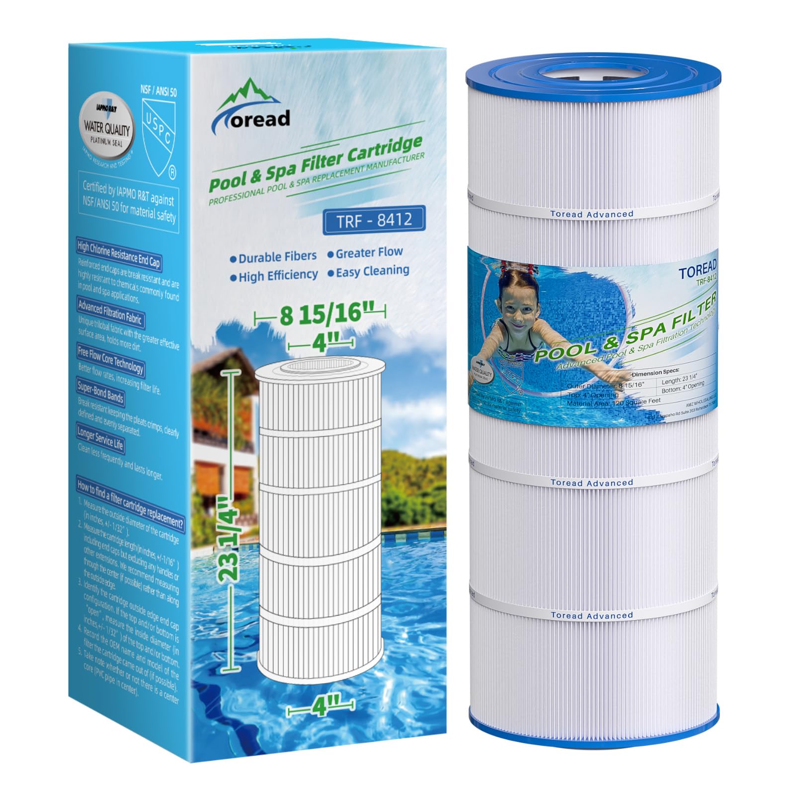 TOREAD Replacement for Pool Filter PA120, Ultra-B2, CX1200RE, C1200, Unicel C-8412, Filbur FC-1293, Waterway Clearwater II, Pro Clean 125, 817-0125N, Aladdin 22002, L x OD:23 1/4"x 8 15/16" (1)
