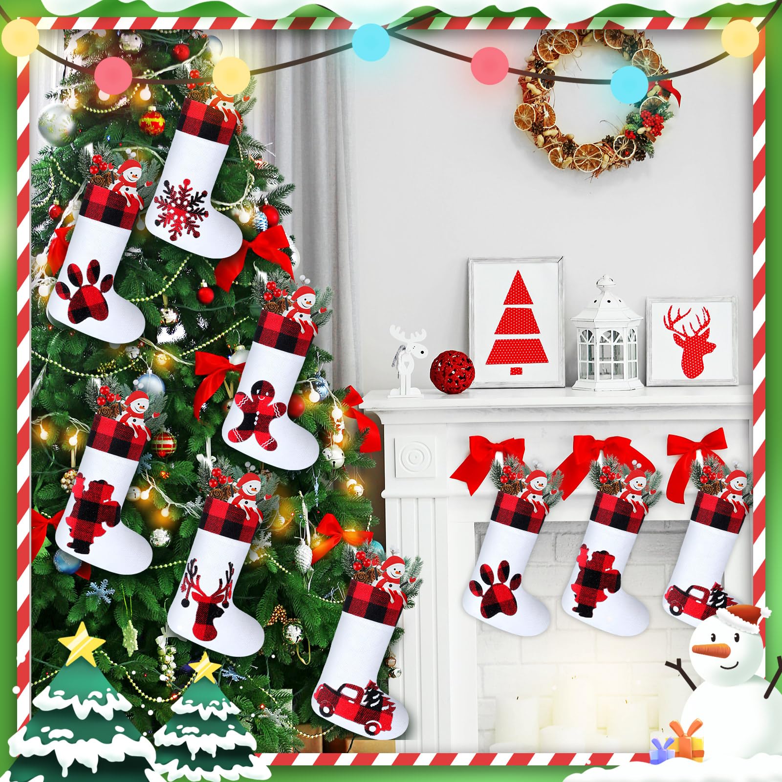 Skylety Lot de 24 chaussettes de Noël classiques à carreaux de buffle avec revers en peluche pour décoration de fête de famille, Noël, vacances (rouge noir manchette, blanc)