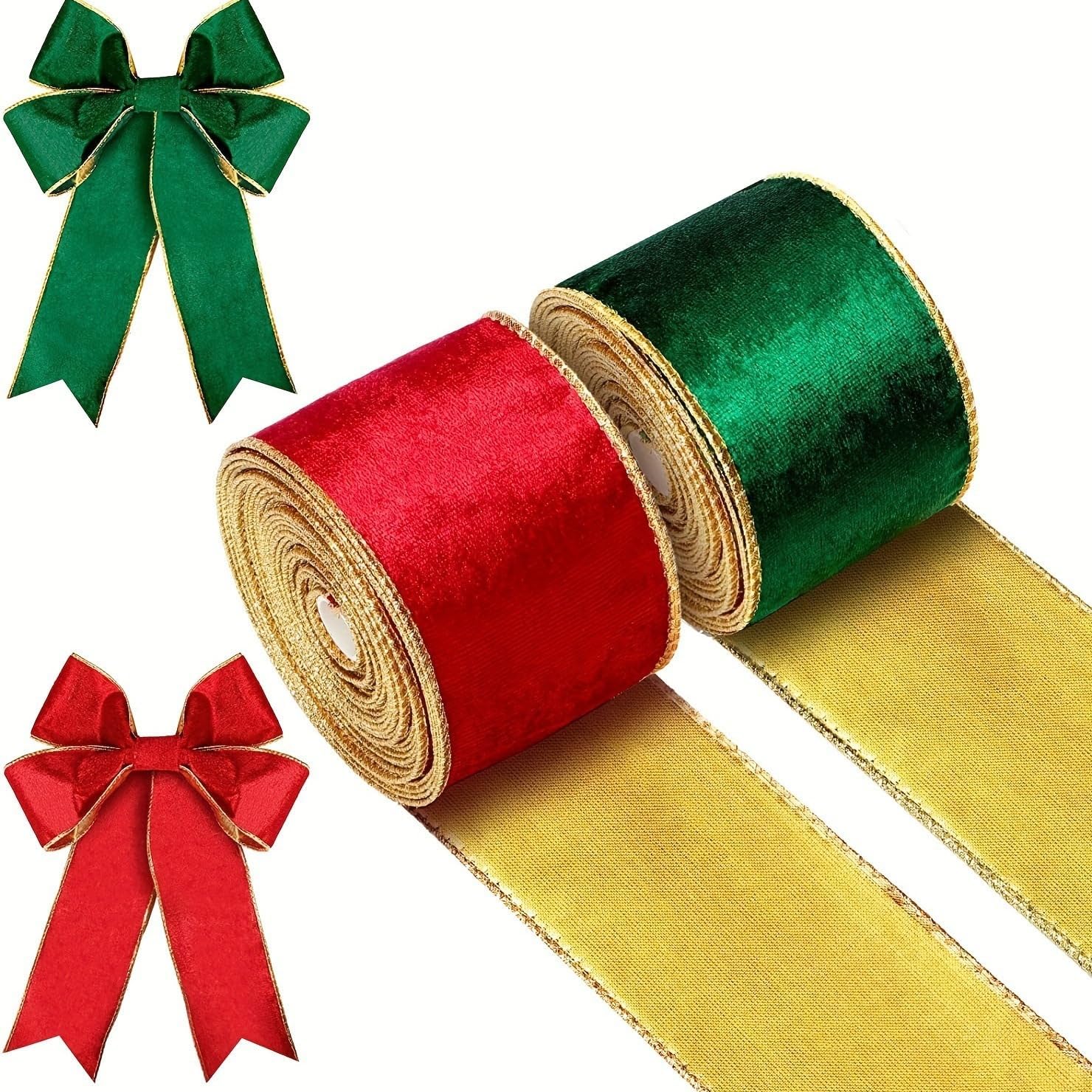 2 Rolls Christmas Ribbon Wired, Christmas Ribbon for Crafts, Red and Green Ribbons for Gifts Wrapping, Party Supplies Decoration DIY Crafts, Wreath Bows Making(Red Green)