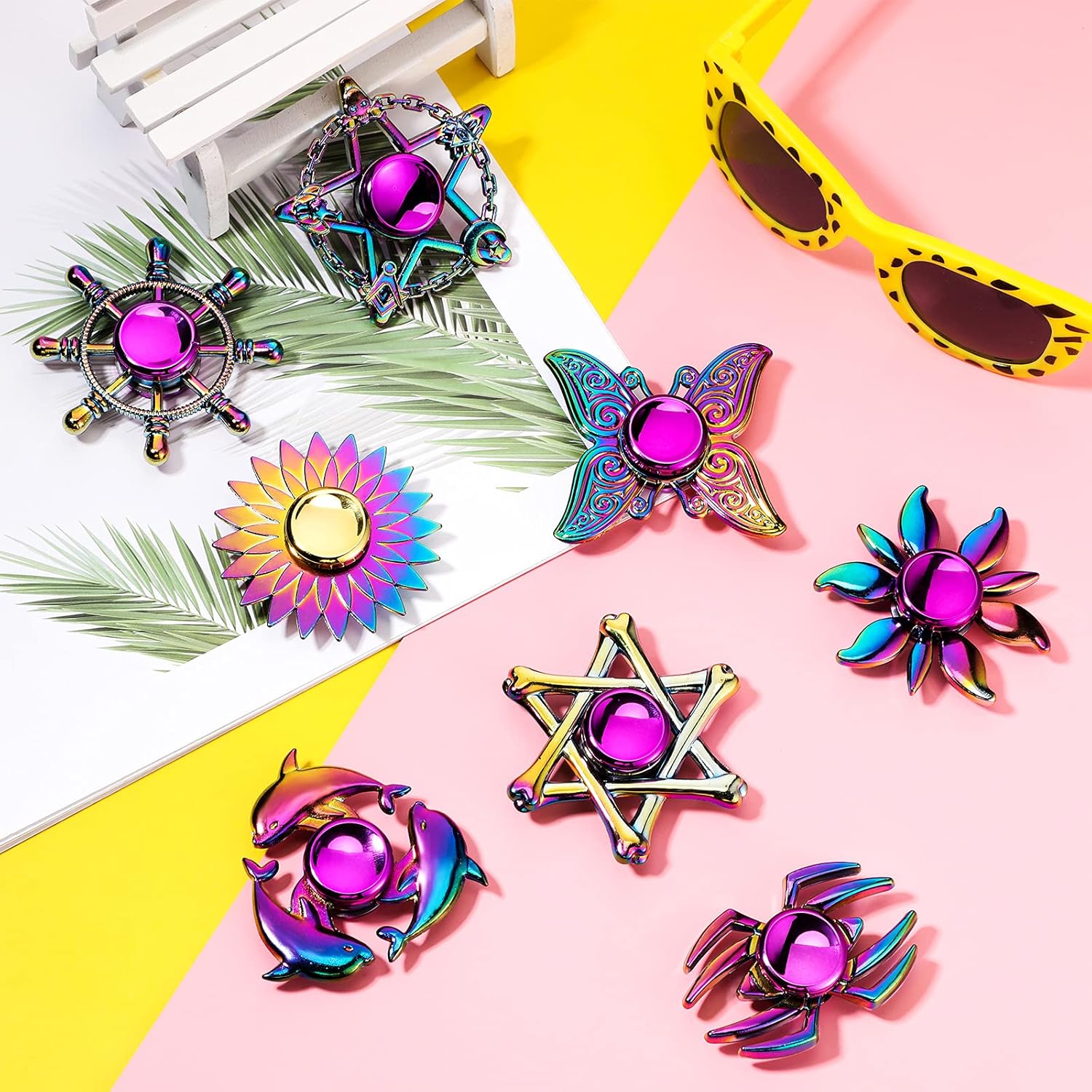 Lewtemi 8 Pieces Rainbow Metal Spinner Cool Finger Spinners High Speed Hand for Stress Anxiety Relief Gift for Adults and Teens(Cool Style)