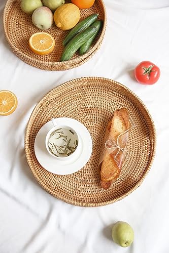 Miniatura 8 de HITOMEN Bandeja redonda de mimbre otomana tejida a mano de 14.2 pulgadas con asas para mesa de café, desayuno, bebidas, aperitivos, pan, frutas,