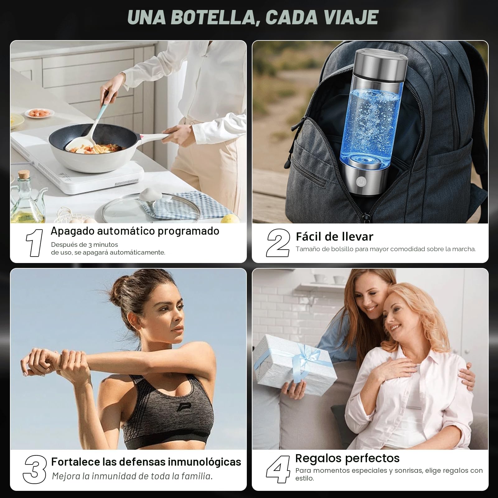Botella de agua de hidrógeno rica en hidrógeno: tecnología SPE/PEM mejorada, botella portátil recargable de vidrio (adecuada para agua purificada y destilada)