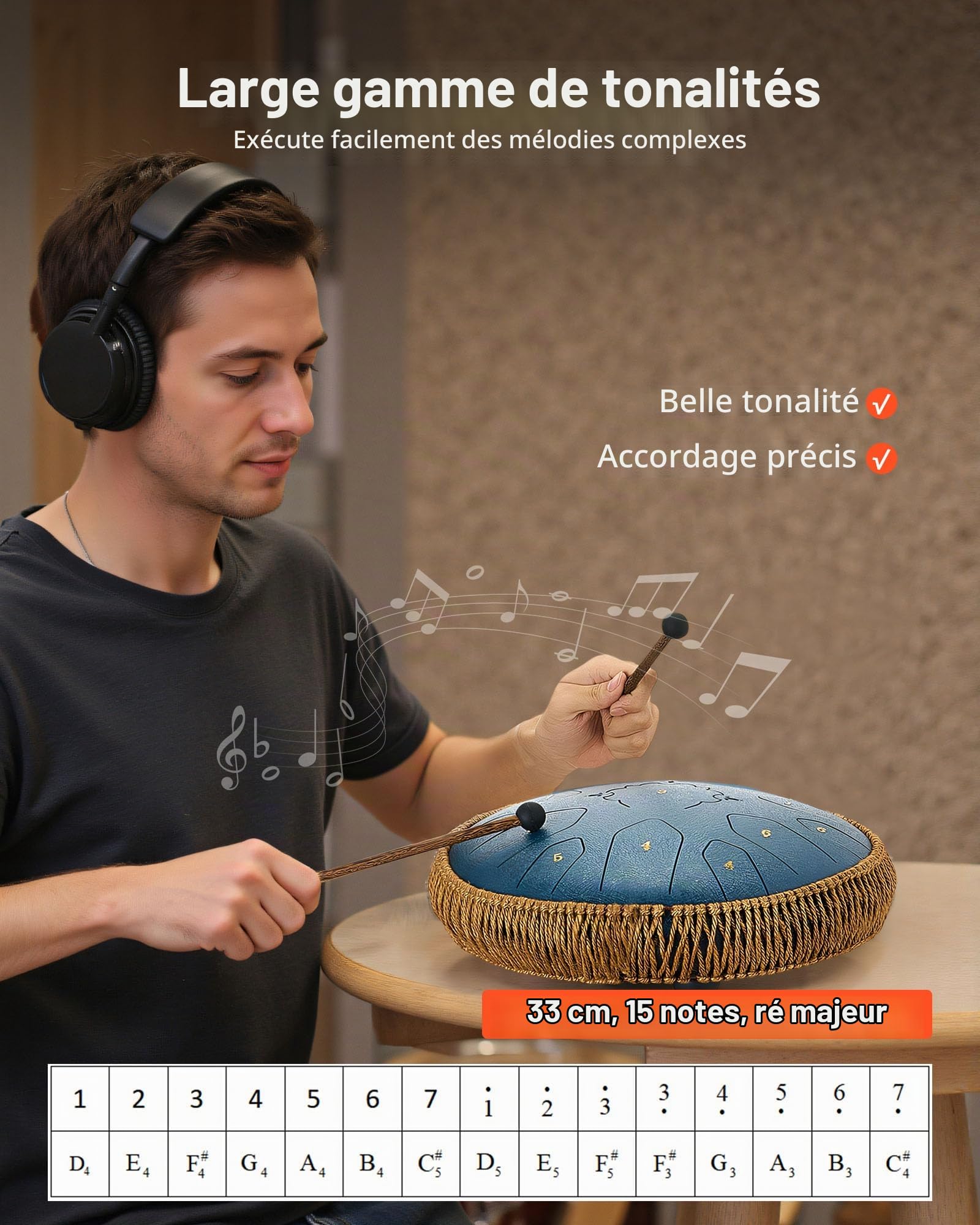 VEVOR Tambour à langue en acier, 330 mm, 15 notes, tambour de pluie pour jardin extérieur, ré majeur, avec livre de musique et maillets, instrument de percussion pour éducation musicale, bleu marine