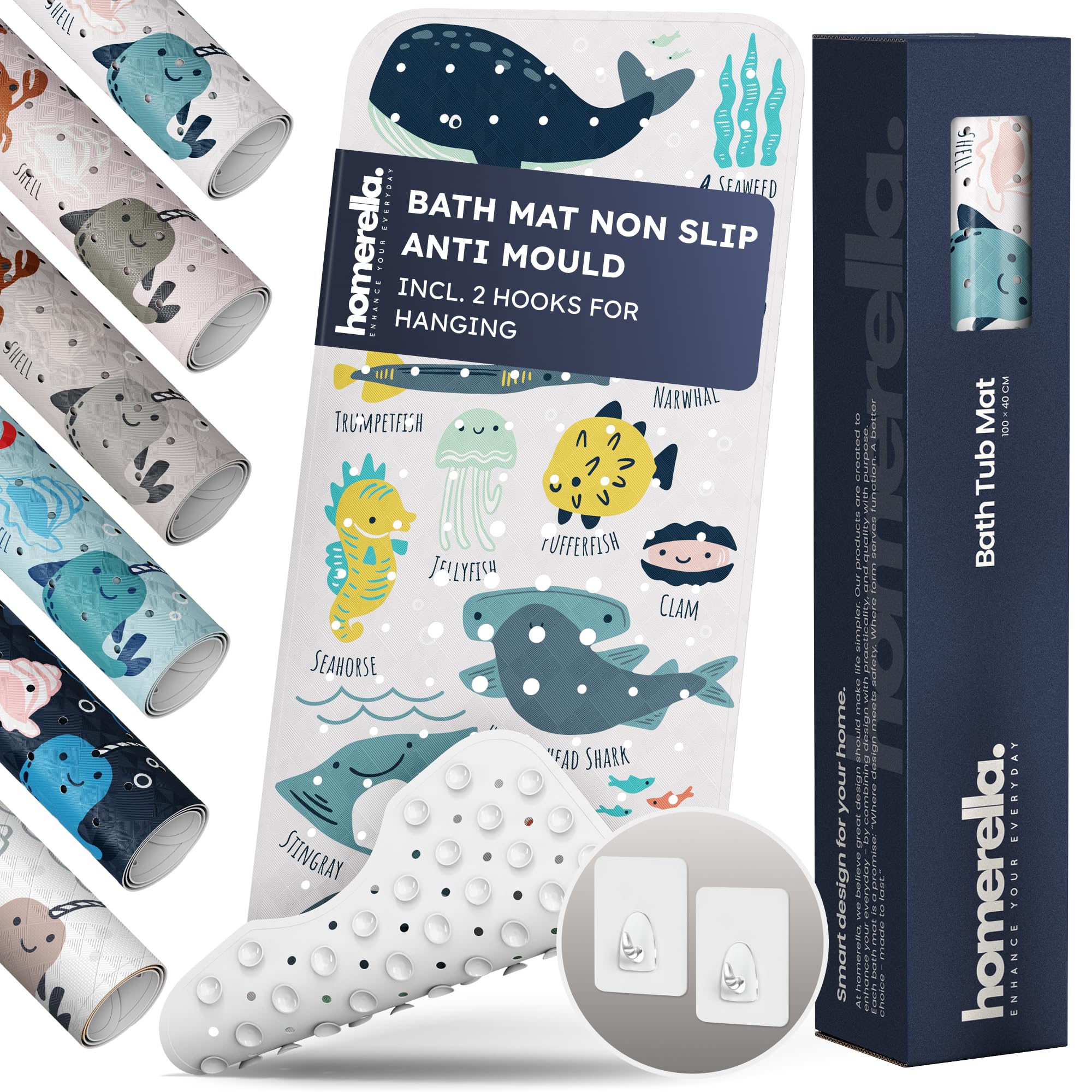 Homerella Colorful Underwater Abc Bath Mat Non Slip Anti Mould Kids 100X40cm Incl. 2 Hooks - Anti Slip Bathtub Mat Machine Washable, Bpa Free, Toddler Non Slip Bath Mat For Inside Bath Tub