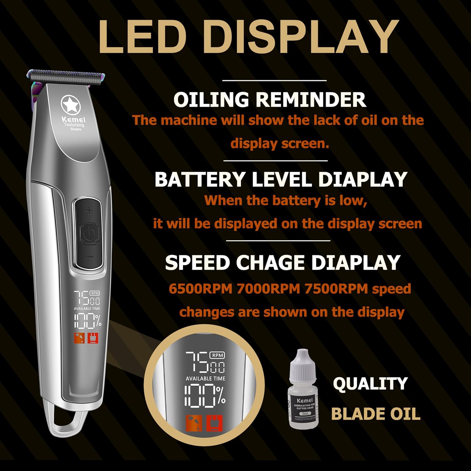 KEMEI Hair Trimmer for Men, Professional Hair Clippers Cordless Zero Gapped Trimmer with LCD Display Trimmers for Barbers with T Blade Beard Trimmers 3 Adjustable Speeds KM-1919 Silver - Image 6