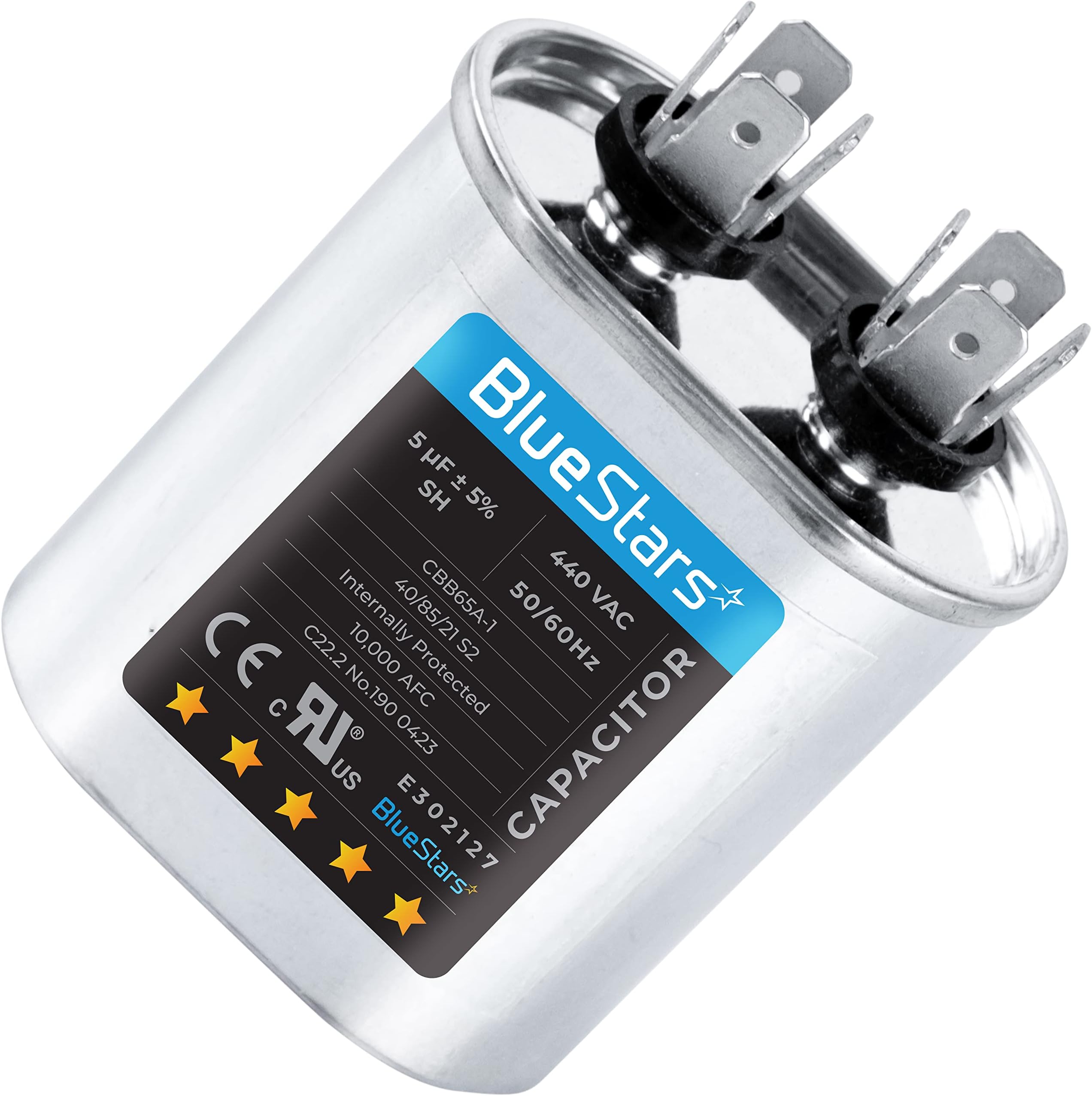 [2025 Upgraded] BlueStars 5 uF MFD ±5% 370-440VAC Oval Run Start Capacitor Replacement Part - for AC Motor Run or Fan Start and Cool or Heat Pump Air Conditioner - Replaces 97F5705 Z97F5705 97F95702