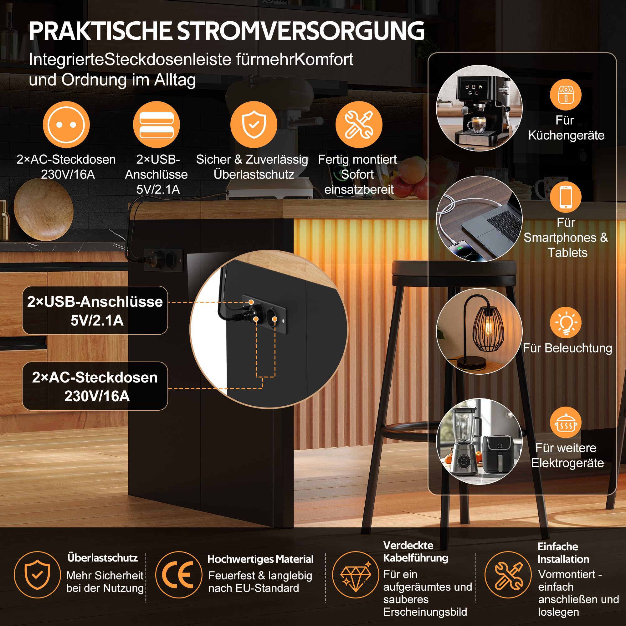 Merax Isola da cucina autoportante con piano di lavoro effetto legno da 40 mm, isola da cucina con LED, presa 2 prese, 2 USB, moderno tavolo da bar per cucina, sala da pranzo, 155 x 80 x 90 cm, nero +