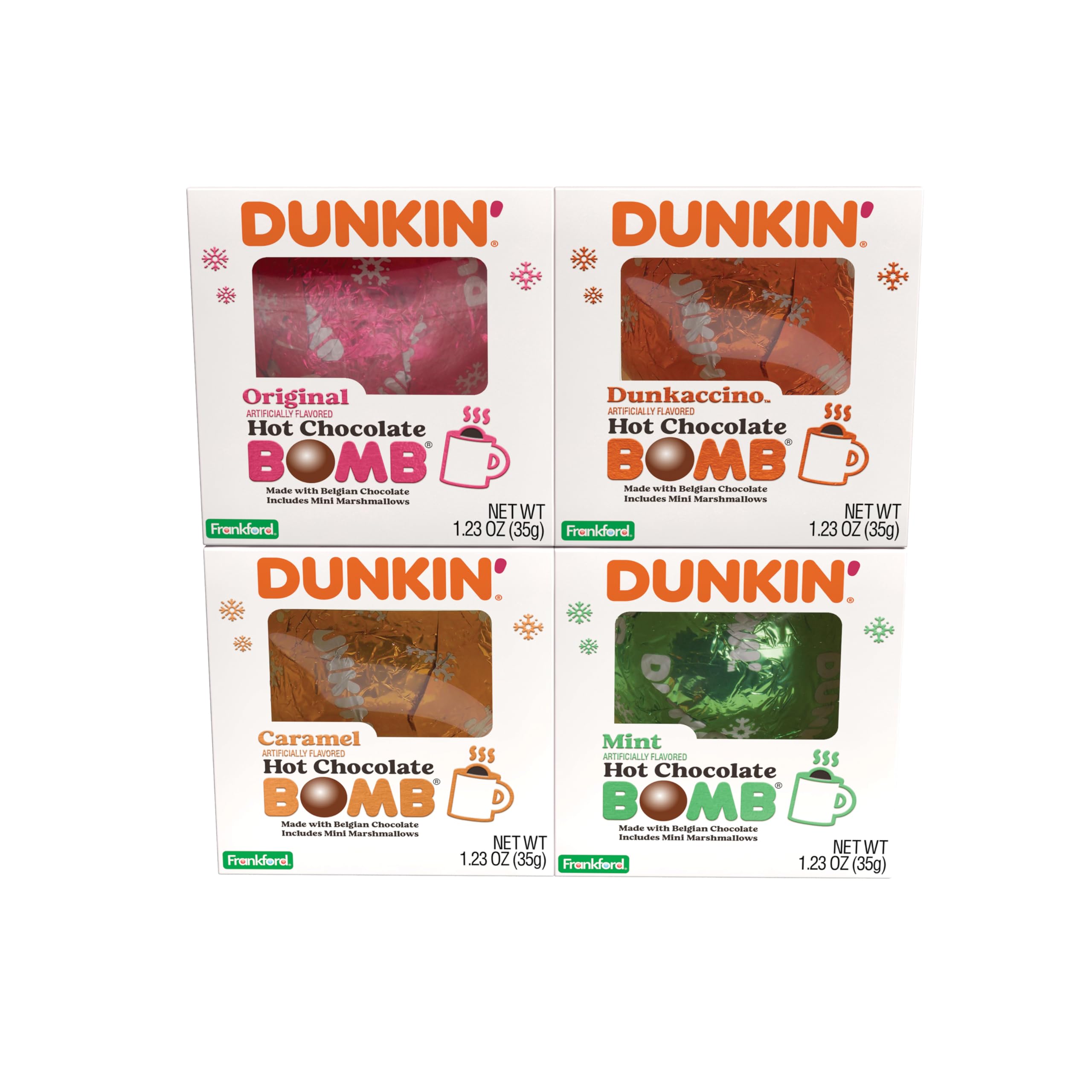 Dunkin' Hot Chocolate BOMB 4 Pack Assorted Flavors Bundle- Original, Mint, Dunkaccino, Caramel, Four Hot Cocoa Melting Balls, Stocking Stuffer Holiday Gift Set