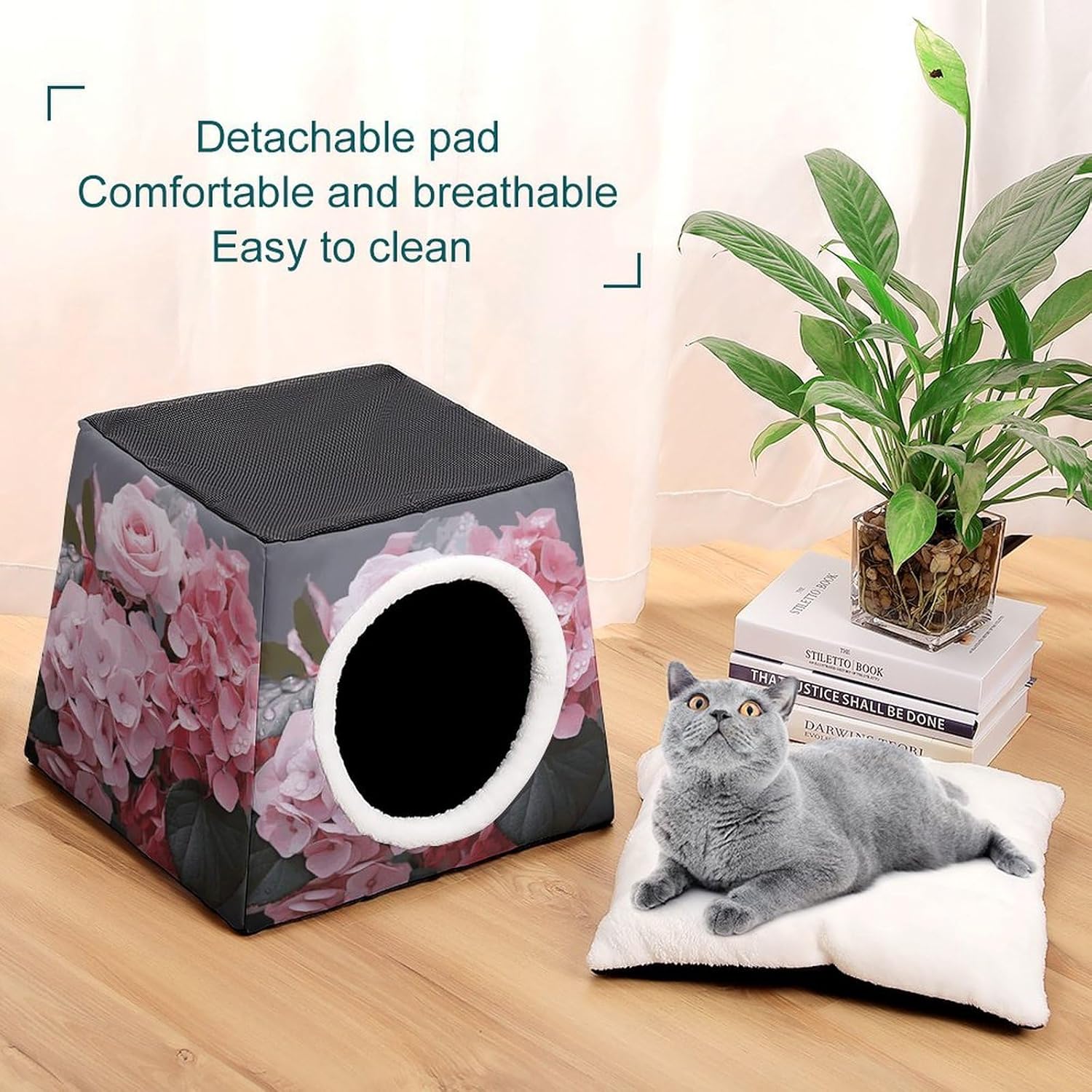 Pet Sleeping Nest Bed, Pink Rose Hydrangea Printed Dog House Cat Nest, Winter Pet House are Suitable for Most Cats, Dogs, and Other Small Pets