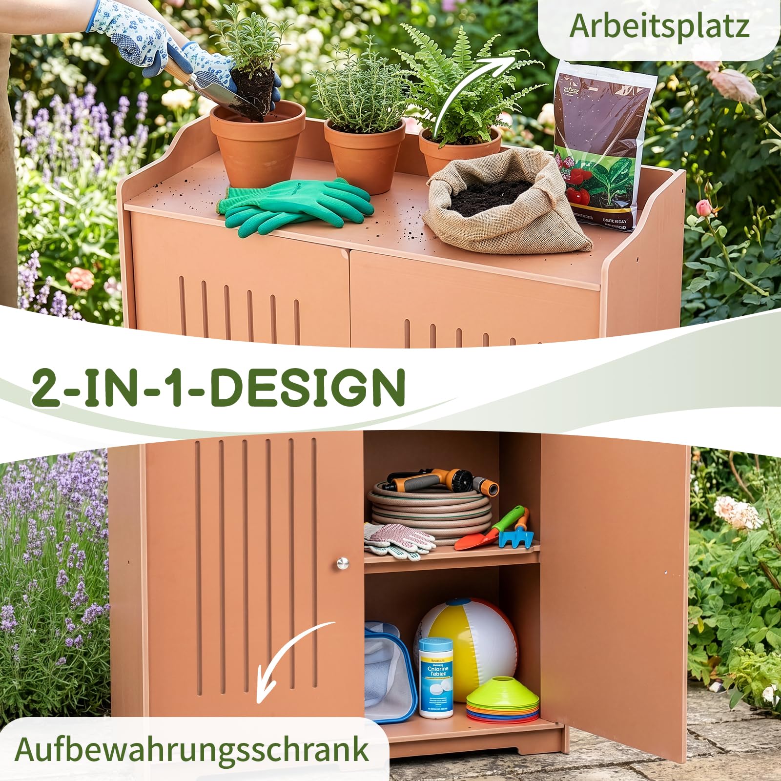 Gartenschrank mit Pflanztisch, Gartenschrank wetterfest Outdoor, 97 x 39 x 95 cm, Hochwertiges PVC-Material, Leicht zu pflegen und zu reinigen, braun