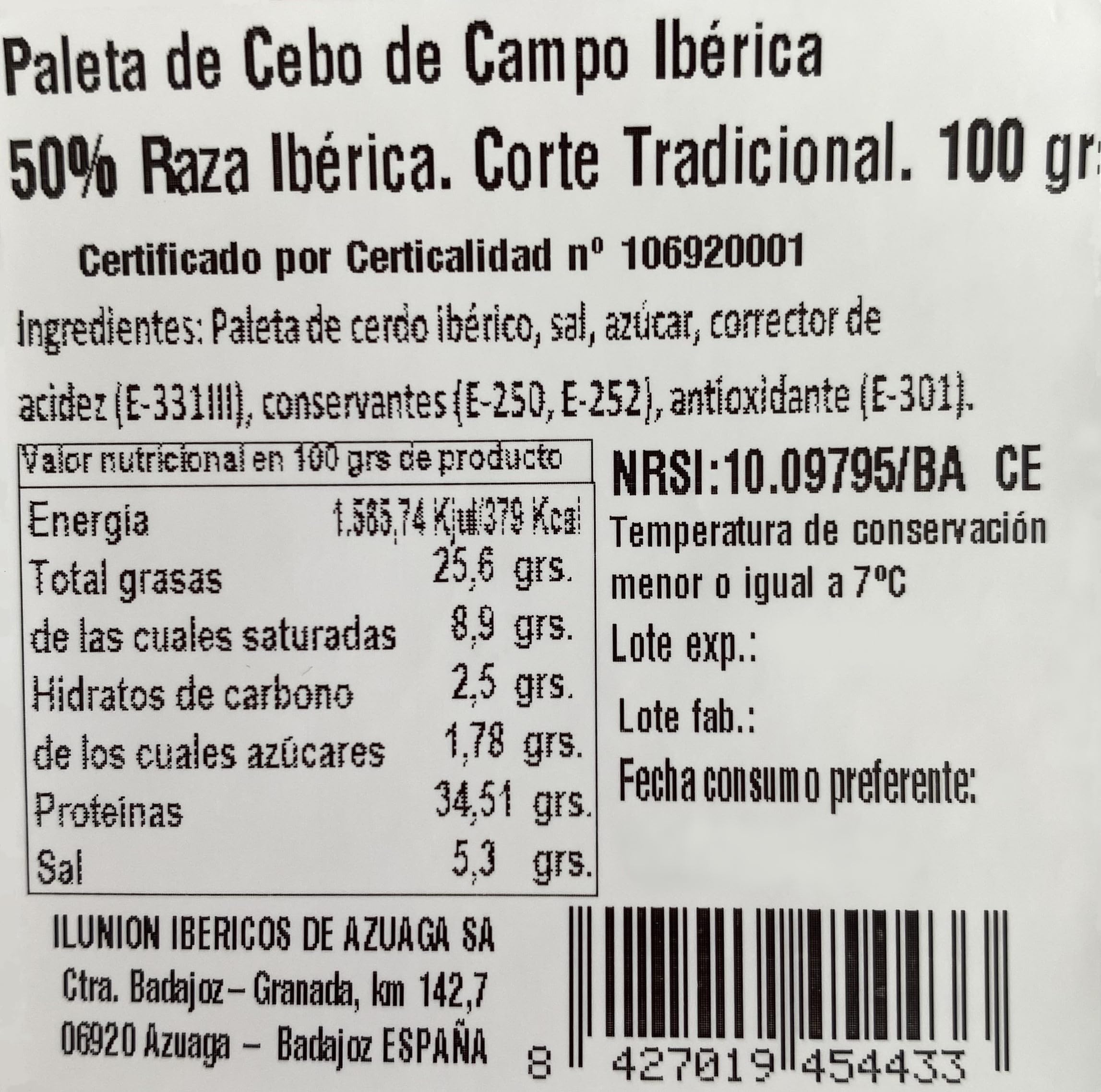 Paleta de Cebo de Campo 50% Raza Ibérica. Pack de 5 sobres de 100 gr loncheado tradicional. Extremadura. Paleta Ibérica. BERÍDICO
