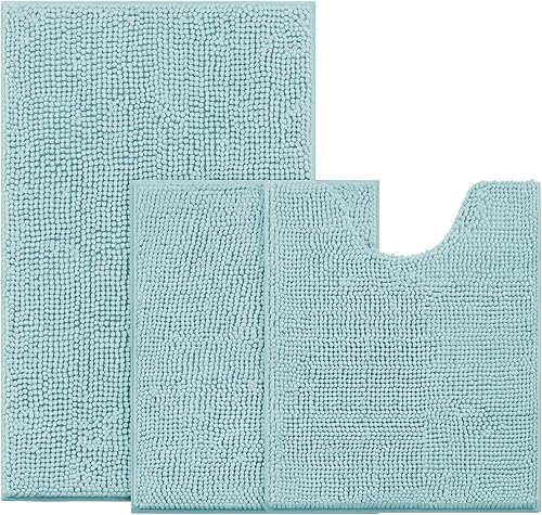 BYSURE Light Blue Bathroom Rugs Sets 3 Piece Non Slip Extra Absorbent Plush Chenille Soft Washable Bath Mats
