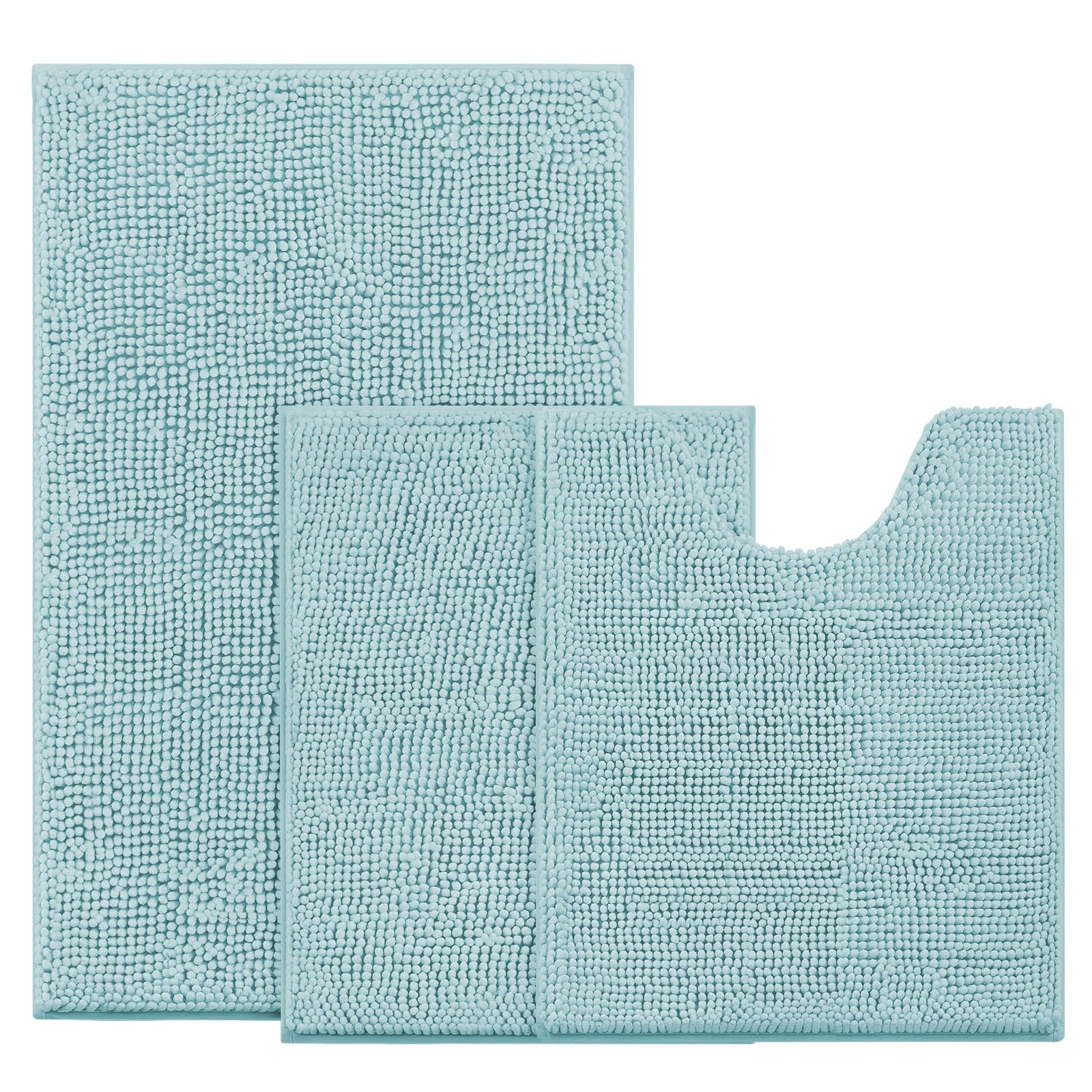 BYSURE Juego de alfombras de baño de 3 piezas, antideslizantes, extra absorbentes, felpilla, suaves, lavables, color azul claro