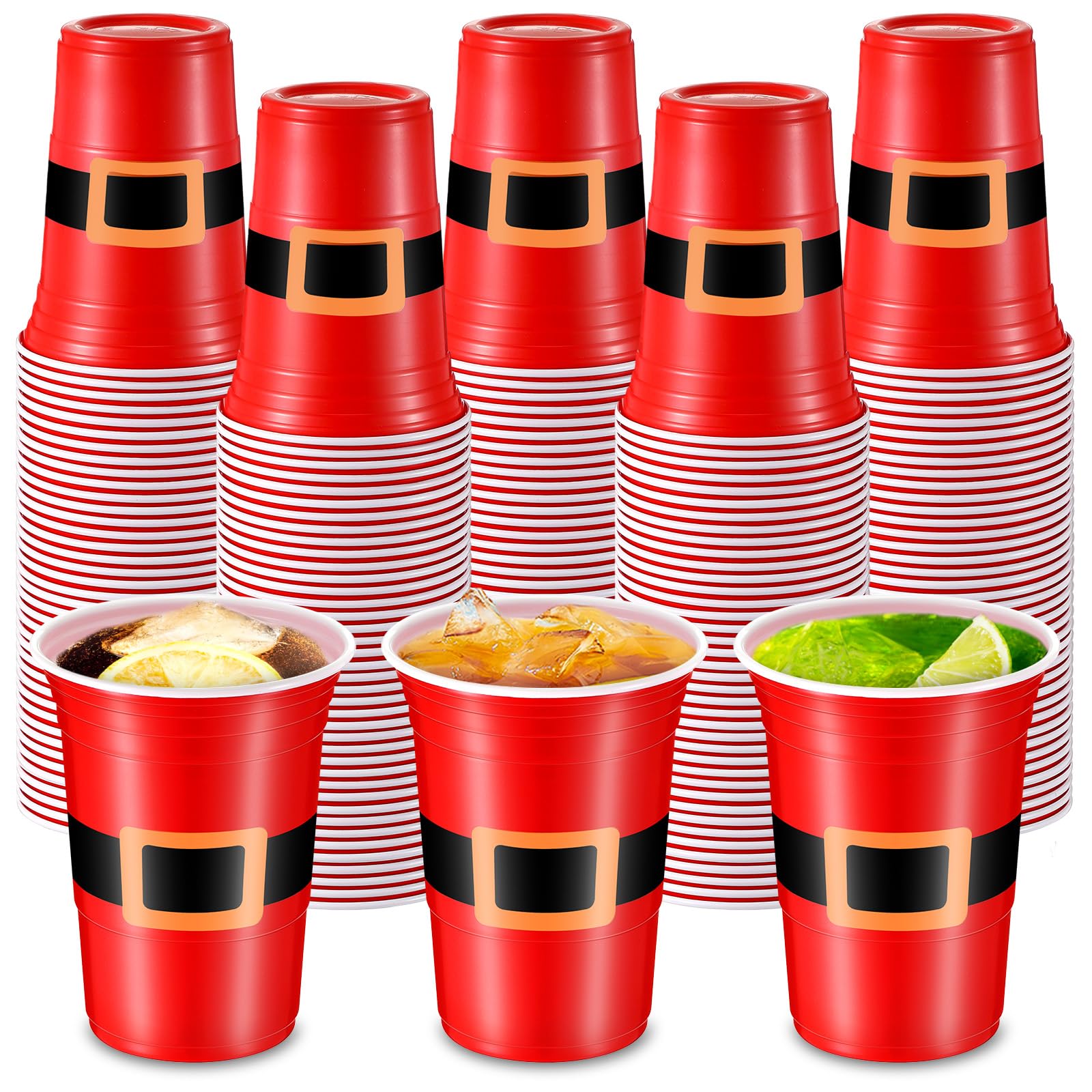 100 Pcs Disposable Plastic Christmas Cups 16 oz Santa's Belt Plastic Tumblers Red Black Santa Belt Design Christmas Drinking Cups Holiday Disposable Cups Xmas Black Belt Party Supplies