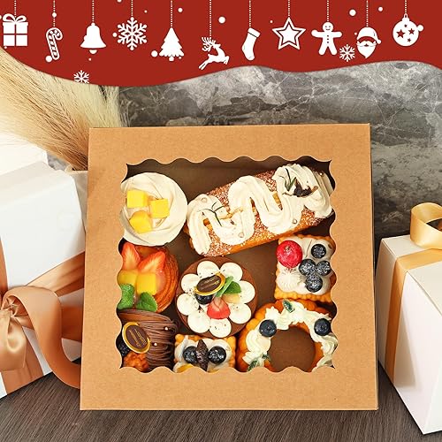 Miniatura 6 de Moretoes 10 cajas para tartas de 10 x 10 x 2.5 pulgadas, cajas de panadería marrones con ventana, cajas de golosinas para cupcakes, donas cubiertas
