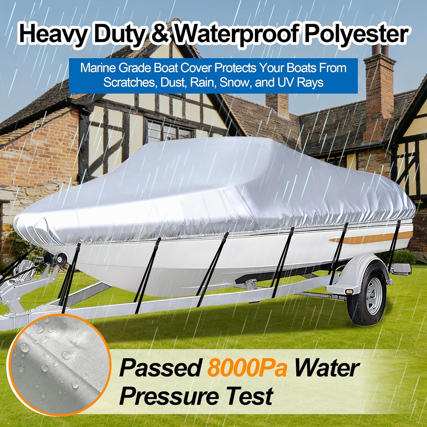 iCOVER Trailerable Boat Cover- 23'-24' Heavy Duty Waterproof Tarp Covers with Storage Bag, Fits V-Hull, Fish&Ski, Pro-Style, Fishing, Runabout, Bass Boats, up to 23ft-24ft Long and 102" Wide