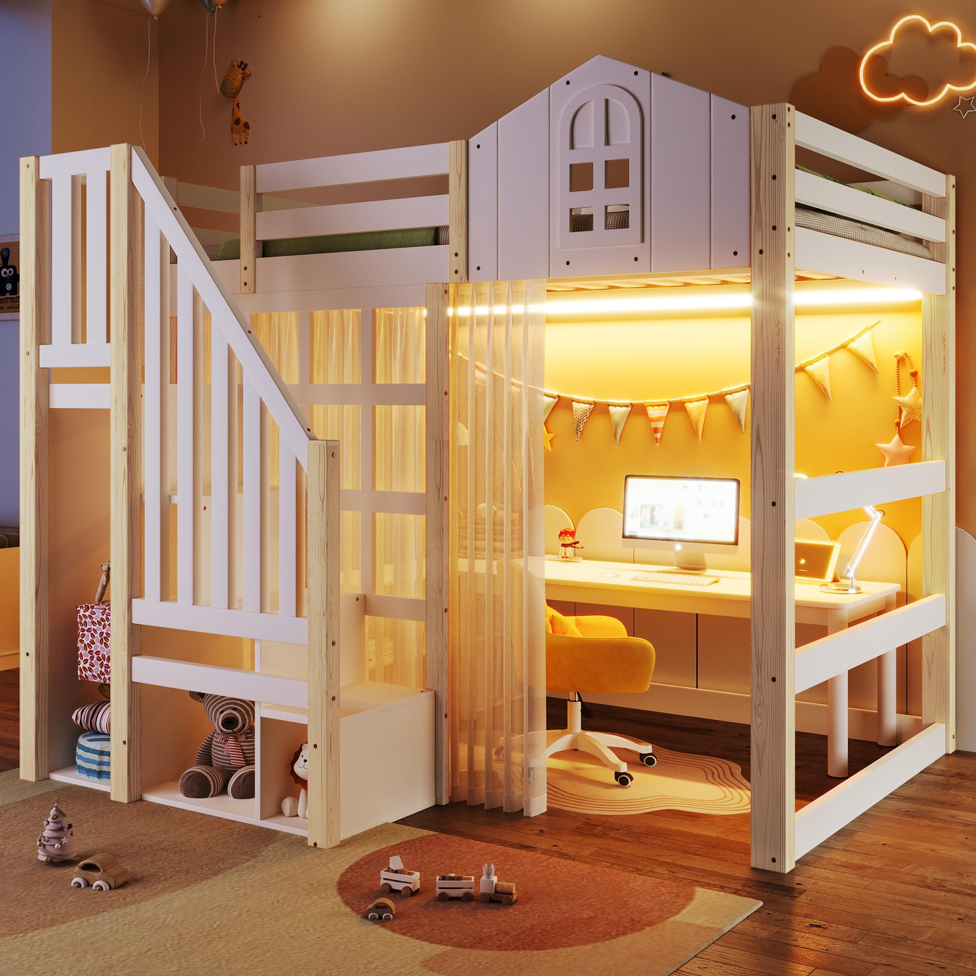 Stapelbed voor kinderen, 140 x 200 cm, stapelbed voor kinderen, hout, hoogslaper met opbergruimte, stapelbed voor 2 kinderen, stapelbed met trap, kinderbed, tienerbed met valbeveiliging, zonder matras