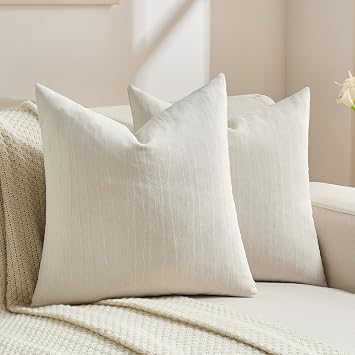 FUTEI Pack of 2 Chenille Decorative Throw Pillow Covers 18x18 Inch,Soft Crushed Striped Texture Cushion Case,Modern Home Decor for Couch Bed Living Room,Cream