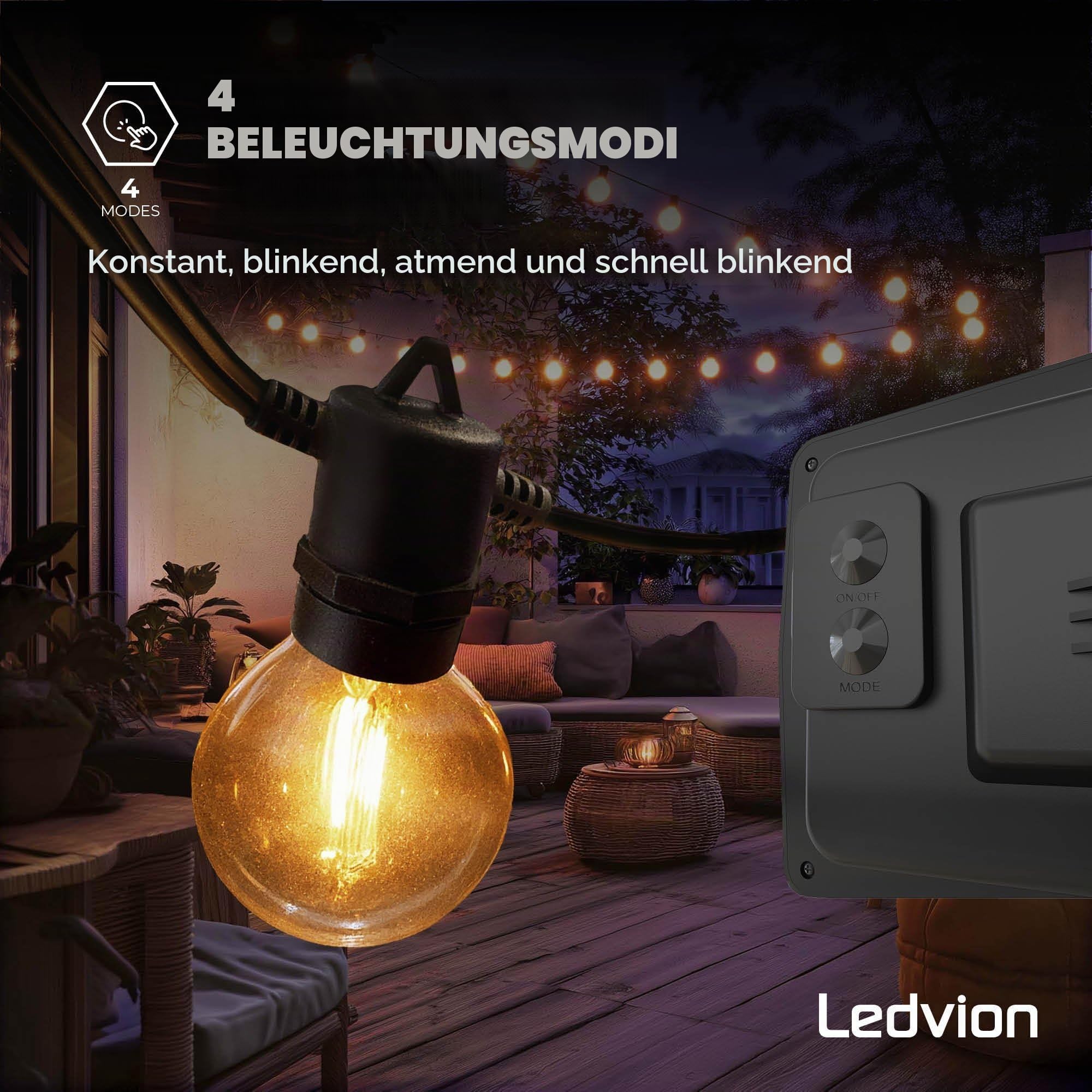 Ledvion - Lichterkette, 16.5M Solar, 30x E12 LED Lampe, wasserdicht IP44, 2700K, G40, Plug & Play, koppelbar