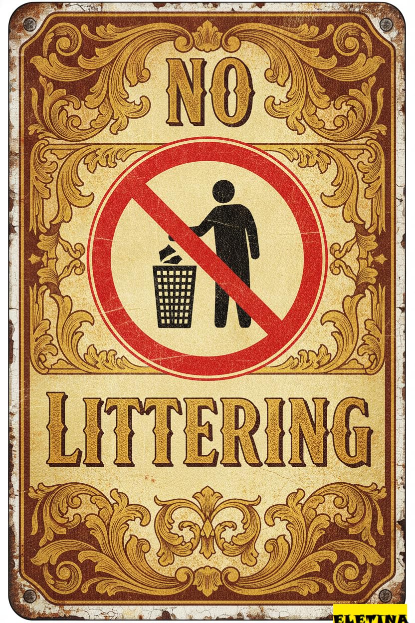 No Littering Warning Tin Sign, 8x12 Inch Business Decor