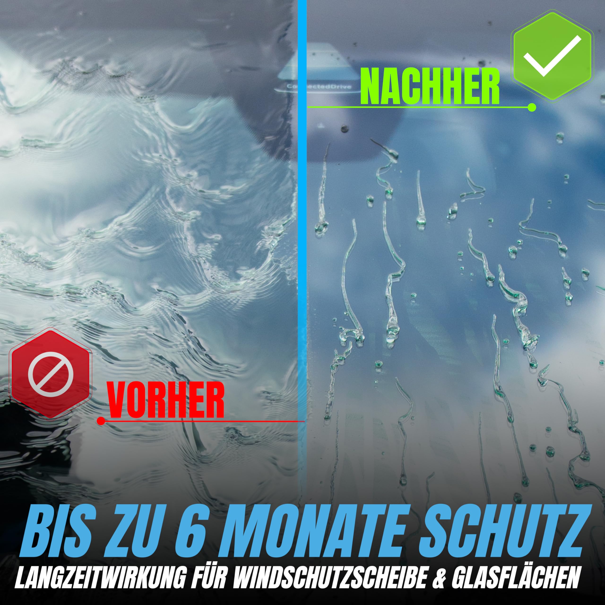 ShinyChiefs RAIN AMOR Set - Autoscheiben-Versiegelung mit hydrophobem Schutz - Lässt Regen und Schnee abperlen - Langer Halt, Glasversiegelung bis zu 2 Monate, 50ml, Microfasertuch & Applikatorpad