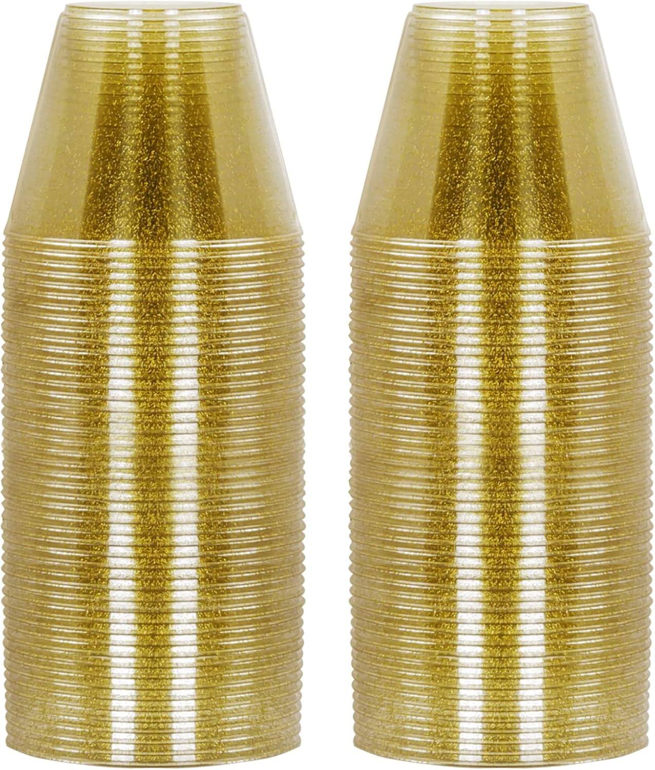 EASERCY Glitter Plastic Cups Gold Glitter Disposable Cups 9 Oz 100 Pack Clear Plastic Cups Old Fashioned Tumblers Recyclable Wine Glasses for Parties Elegant Plastic Party Cups Wedding Decorations