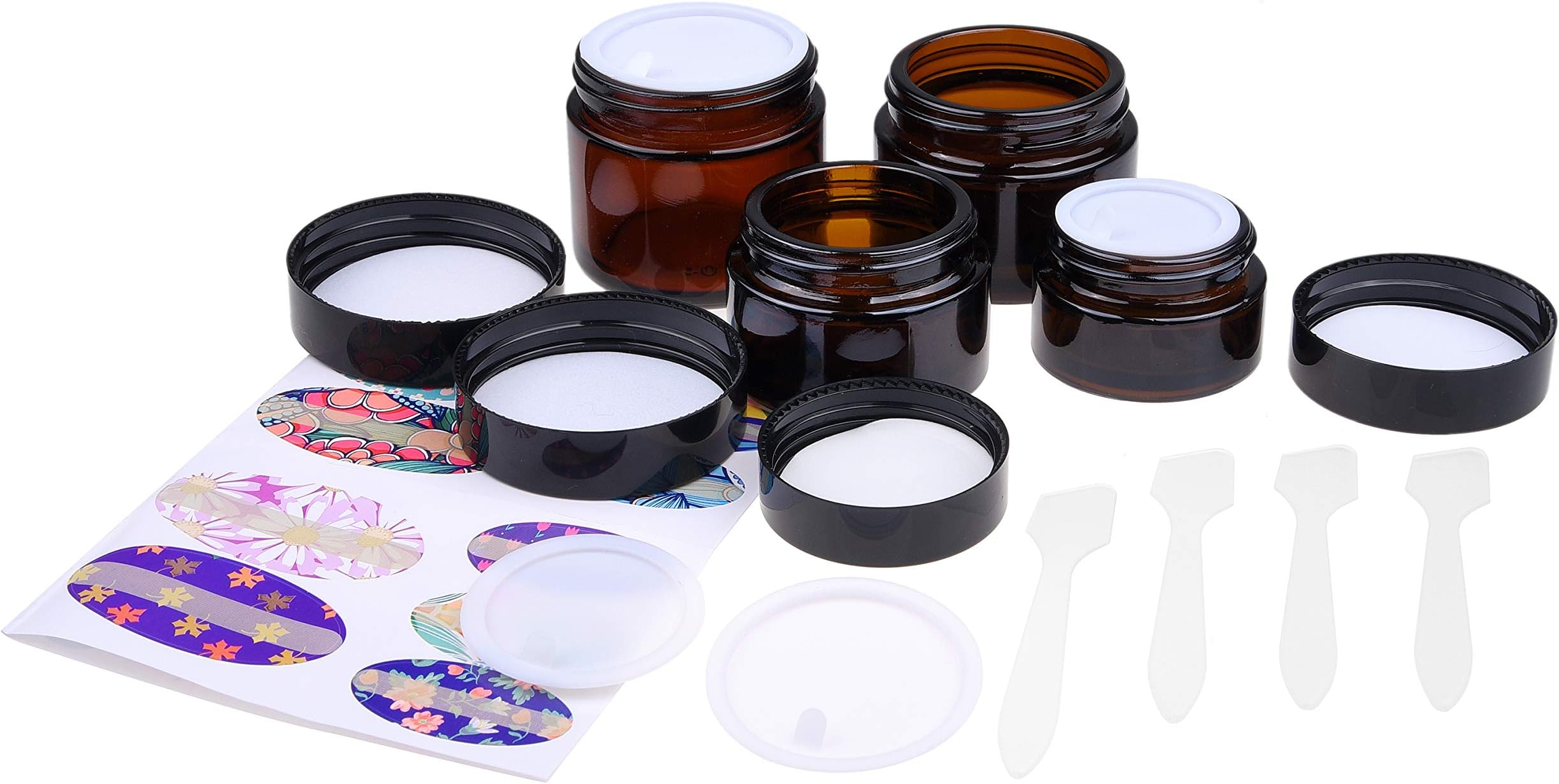 Refillable Cosmetics Jars Kit - 4x Cosmetics Jars (Amber Glass), 4x Lids, 4x Inner Covers, 39x Labels + 4x Mini Spatula for Easy Filling - For Creams, Essential Oils, Powders, etc.