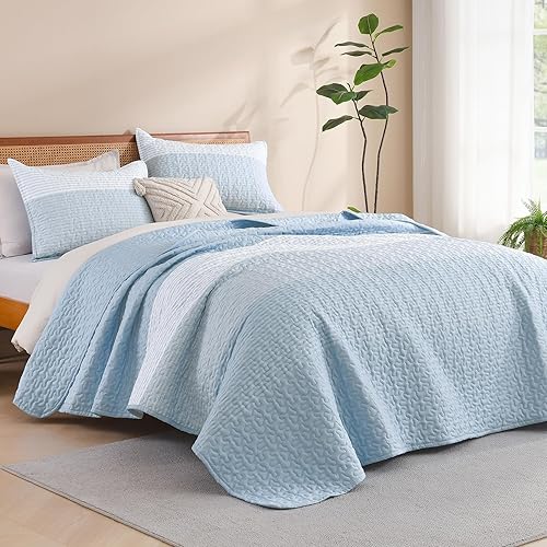 Miniatura 29 de Litanika - Juego de edredón de verano, diseño de retazos a rayas, 3 piezas, de microfibra suave (1 edredón + 2 fundas de almohada) tamaño queen, 05