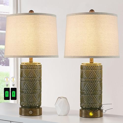 RORIA Juego de 2 lámparas de mesa táctiles retro para sala de estar, dormitorio, lámpara de mesita de noche regulable de 3 vías con 2 puertos USB,