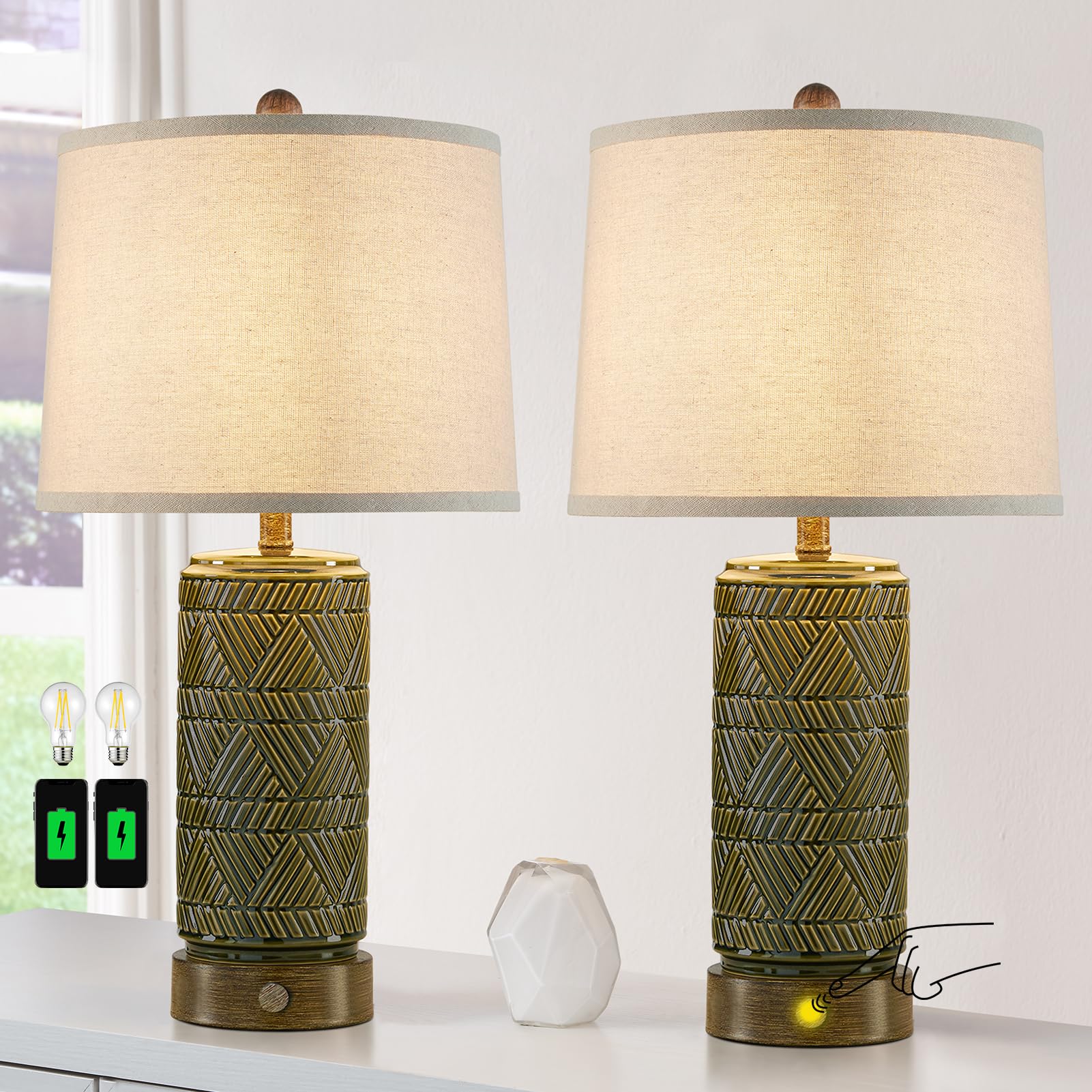 RORIA Set of 2 Retro Touch Table Lamps for Living Room Bedroom, 3 Way Dimmable Nightstand Lamp with 2 USB Port, Farmhouse Rustic Ceramic Desk Lamps
