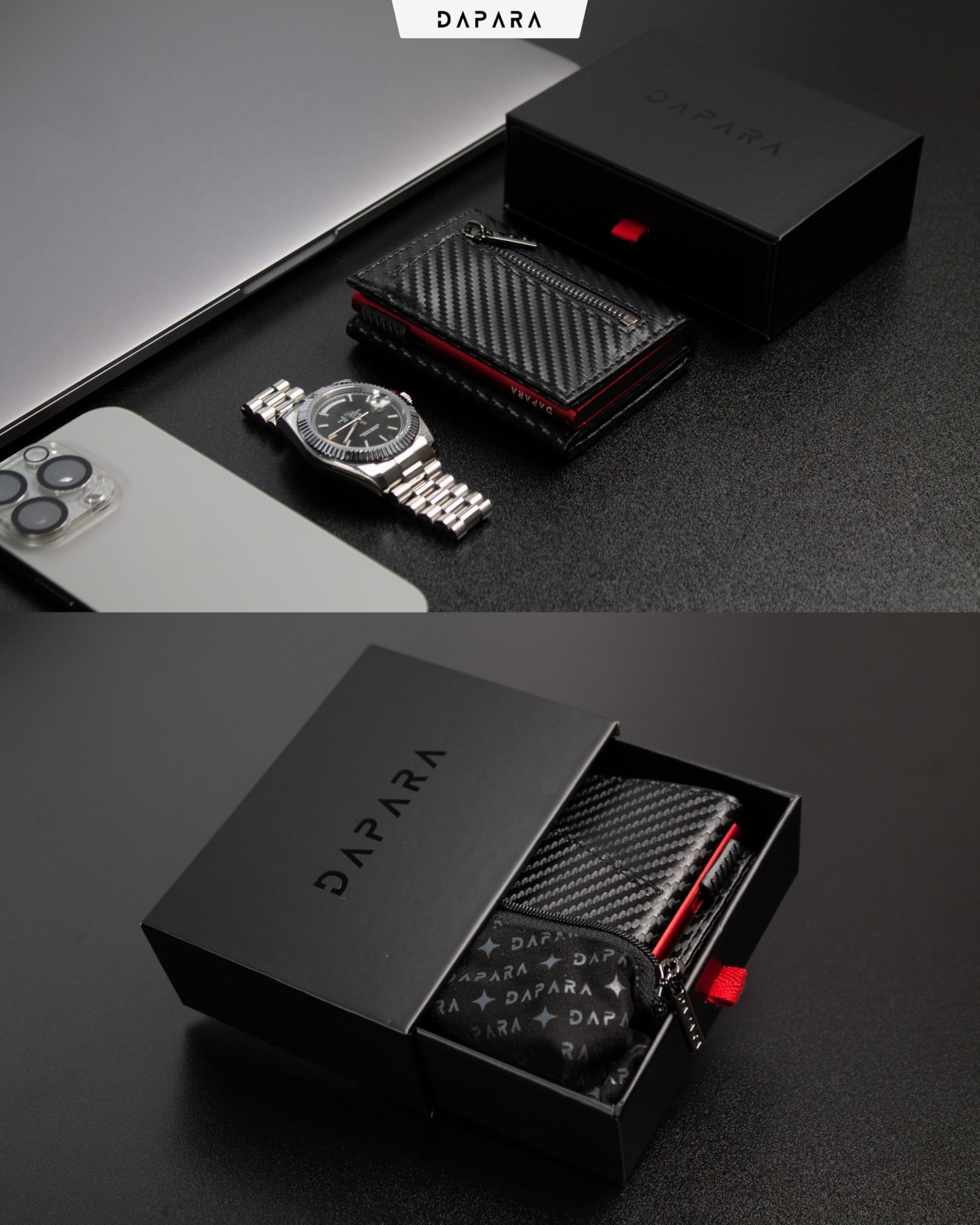 Geldbörse Herren | Slim Wallet Herren mit Münzfach & RFID-Schutz | Portmonee Männer | Kartenetui für 12 Karten | Smart Wallet for Men | Karten Geldbeutel | Portemonnaie | Carbon Red