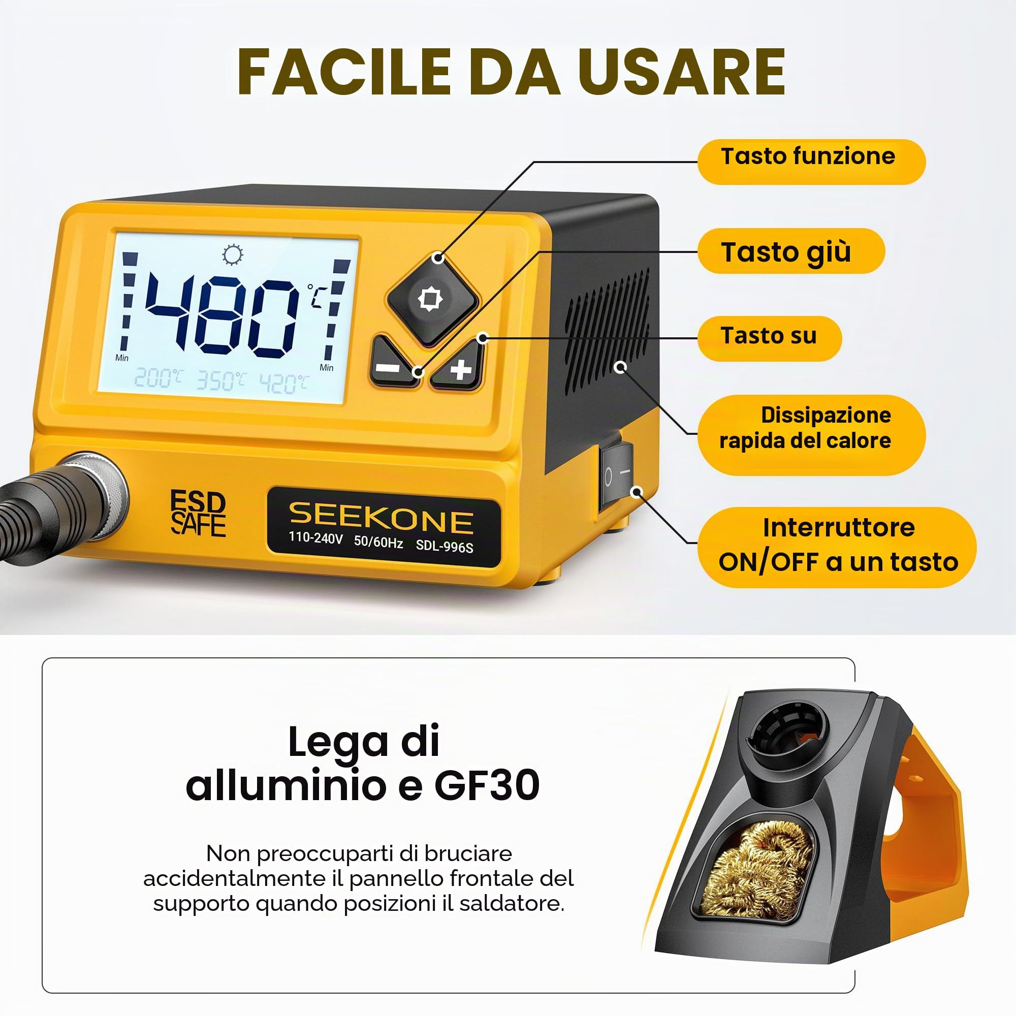 SEEKONE Stazione di Saldatura 60W con Controllo Temperatura 200℃-480℃ con Display LCD, Stazione Saldante Aria Calda con 5 Punte di Saldatura, Funzione Standby, Memoria Power-On