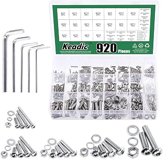 Keadic 920 Pcs 304 Stainless Steel M2/M3/M4/M5/M6 Hex Socket Button Head Cap Screws Assortment Kit, Standard Metric Threaded Hexagon Bolts Screws Nuts Washers Fastener Hardware